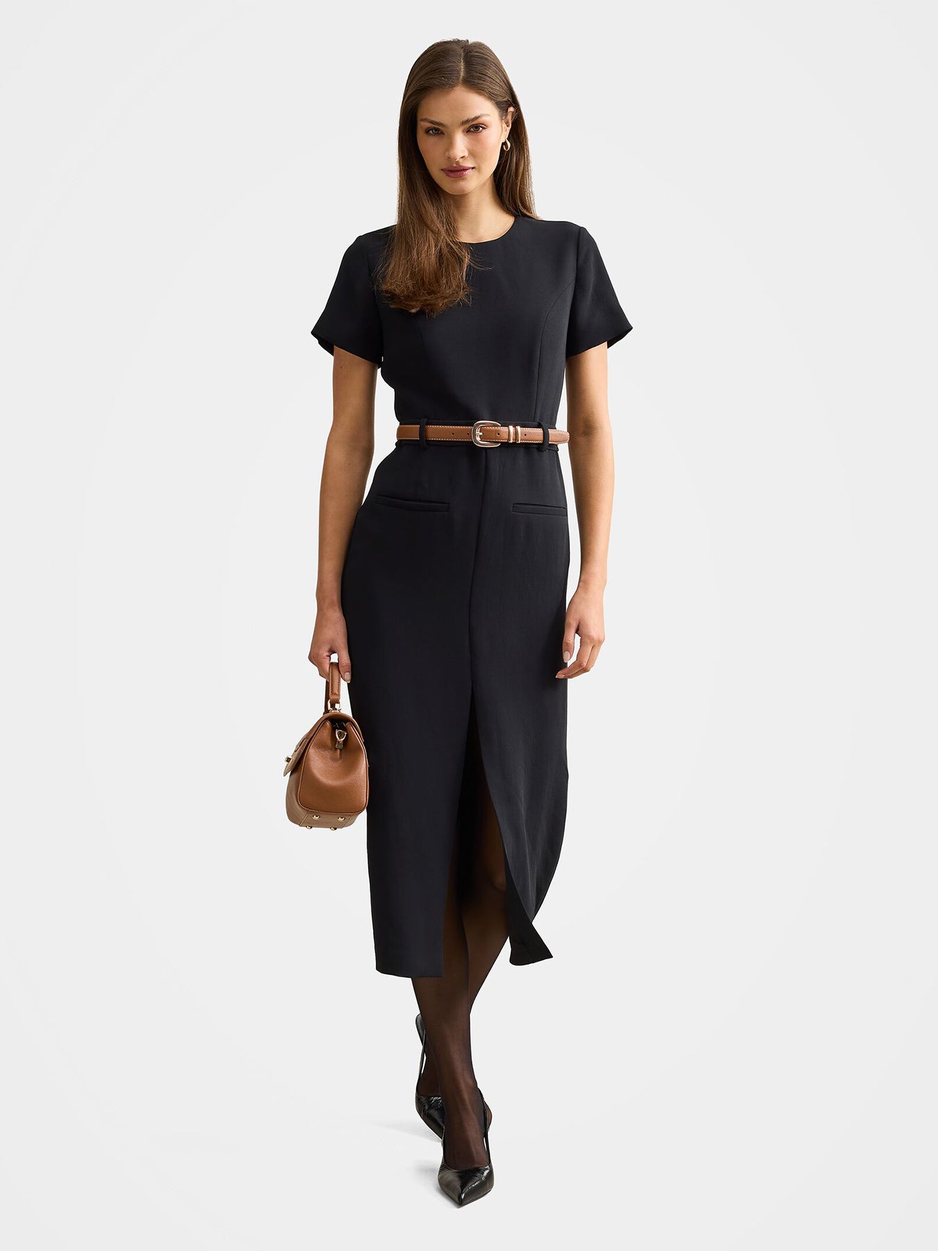 Bailee Belted Tailored Midi Dress Black
