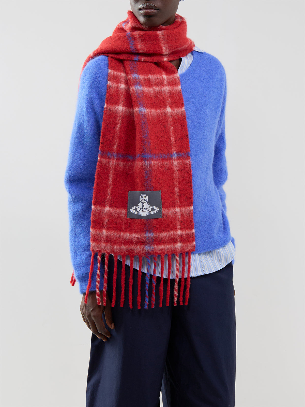 Alpaca & Wool Chunky Check Scarf 30 x 200cm - Red