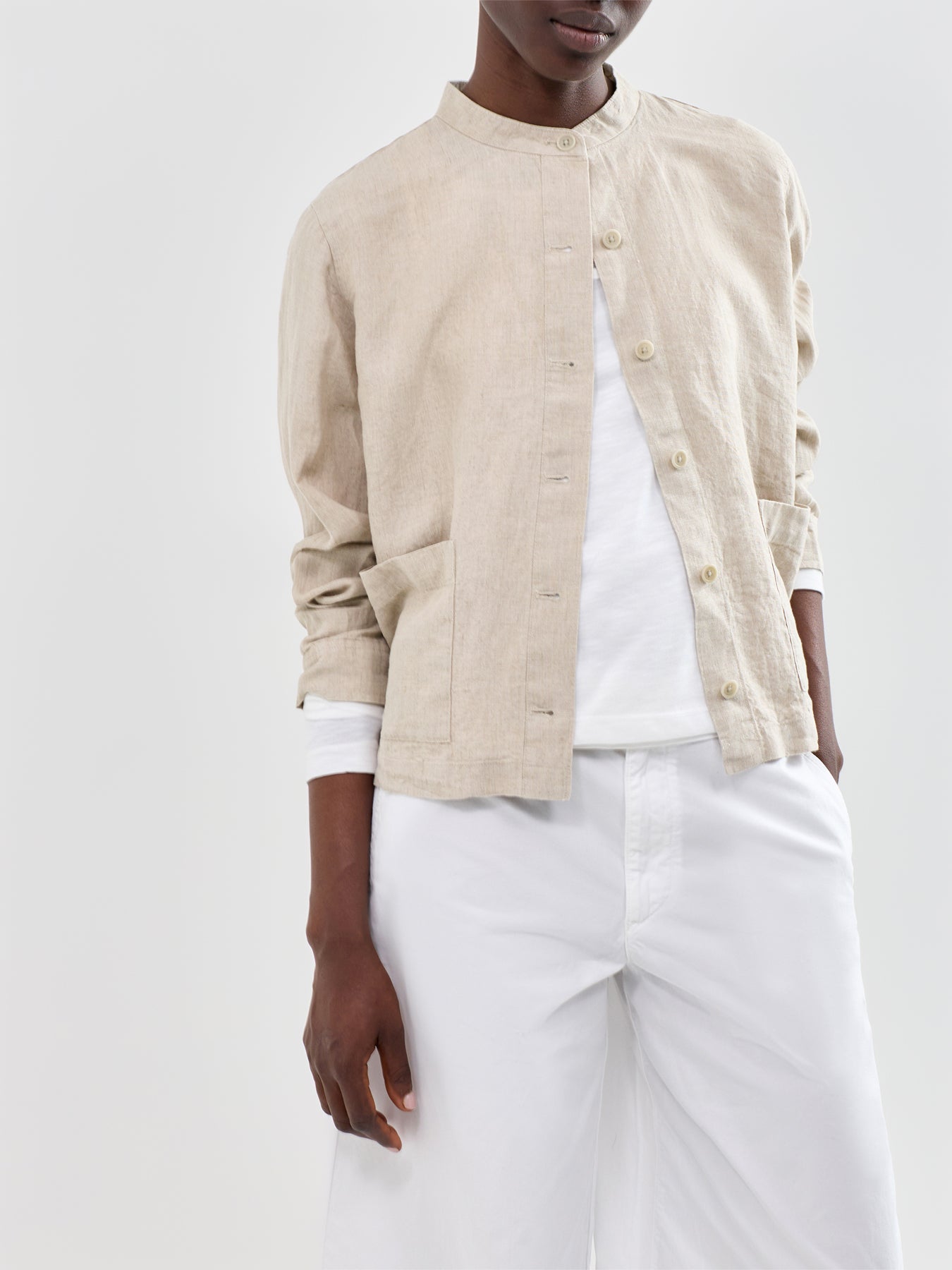 Mandarin Collar Shirt Jacket Beige