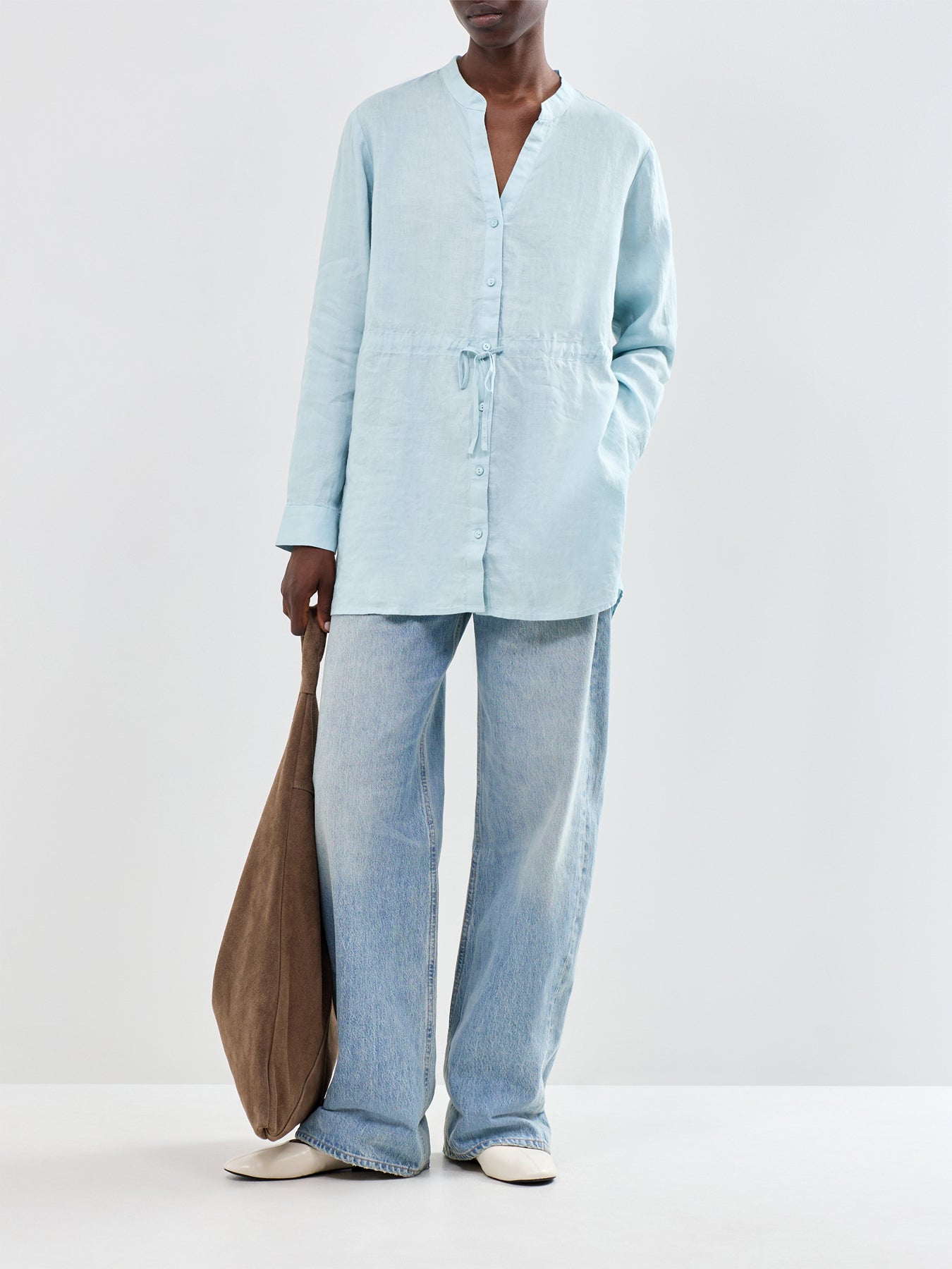 Mandarin Collar Long Shirt Blue
