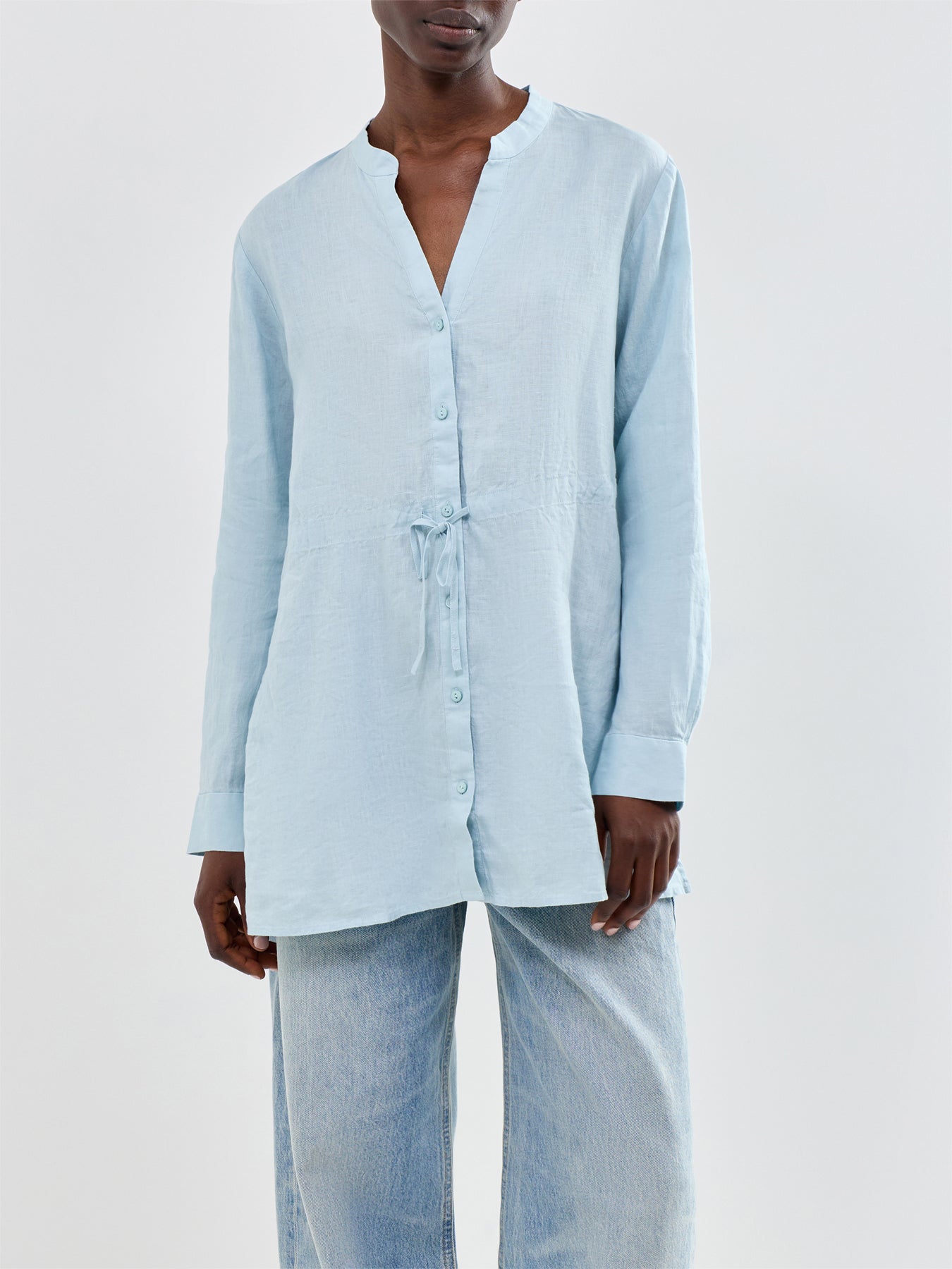 Mandarin Collar Long Shirt Blue