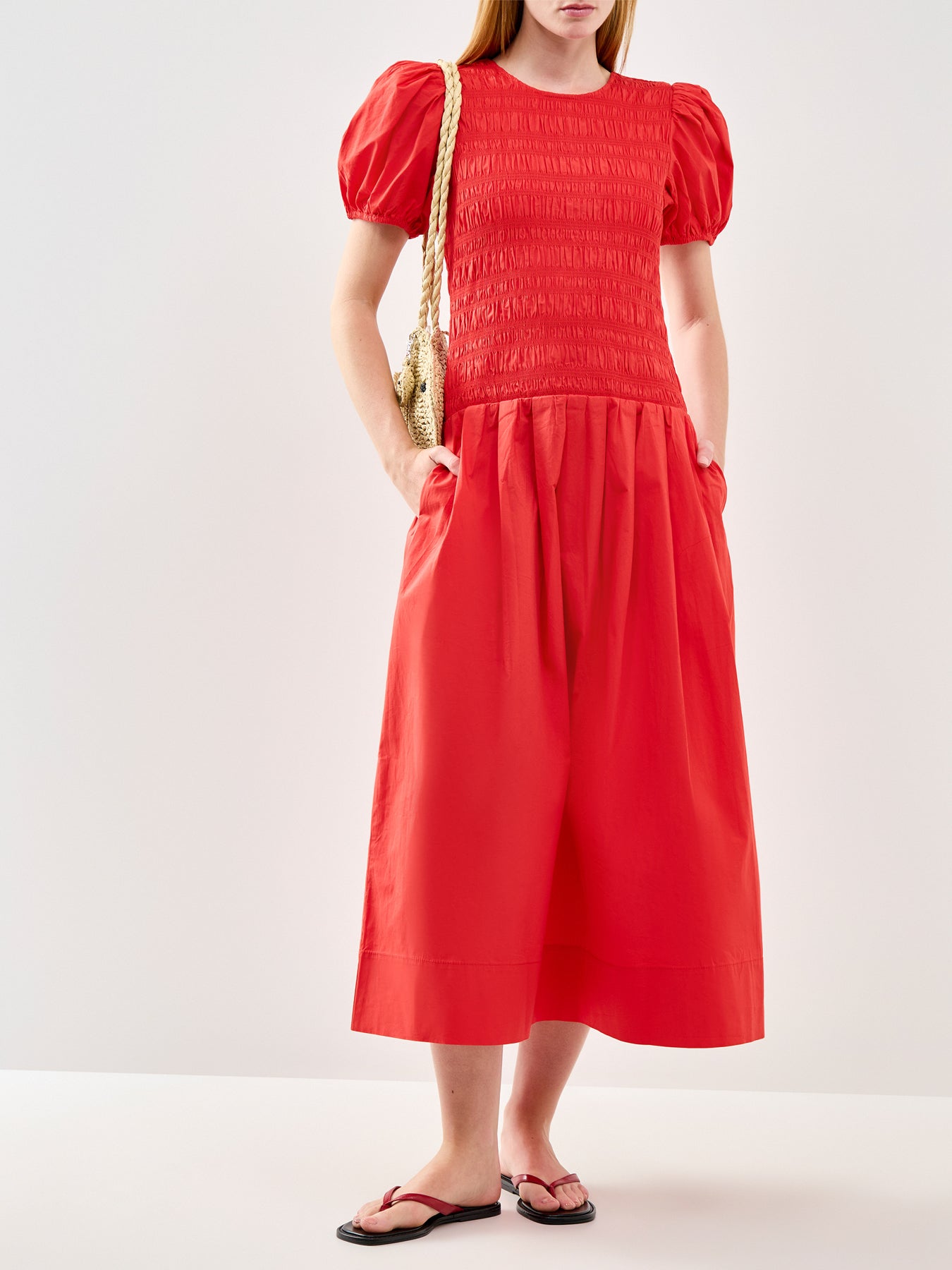 Long Smocked Pleated Dress Red