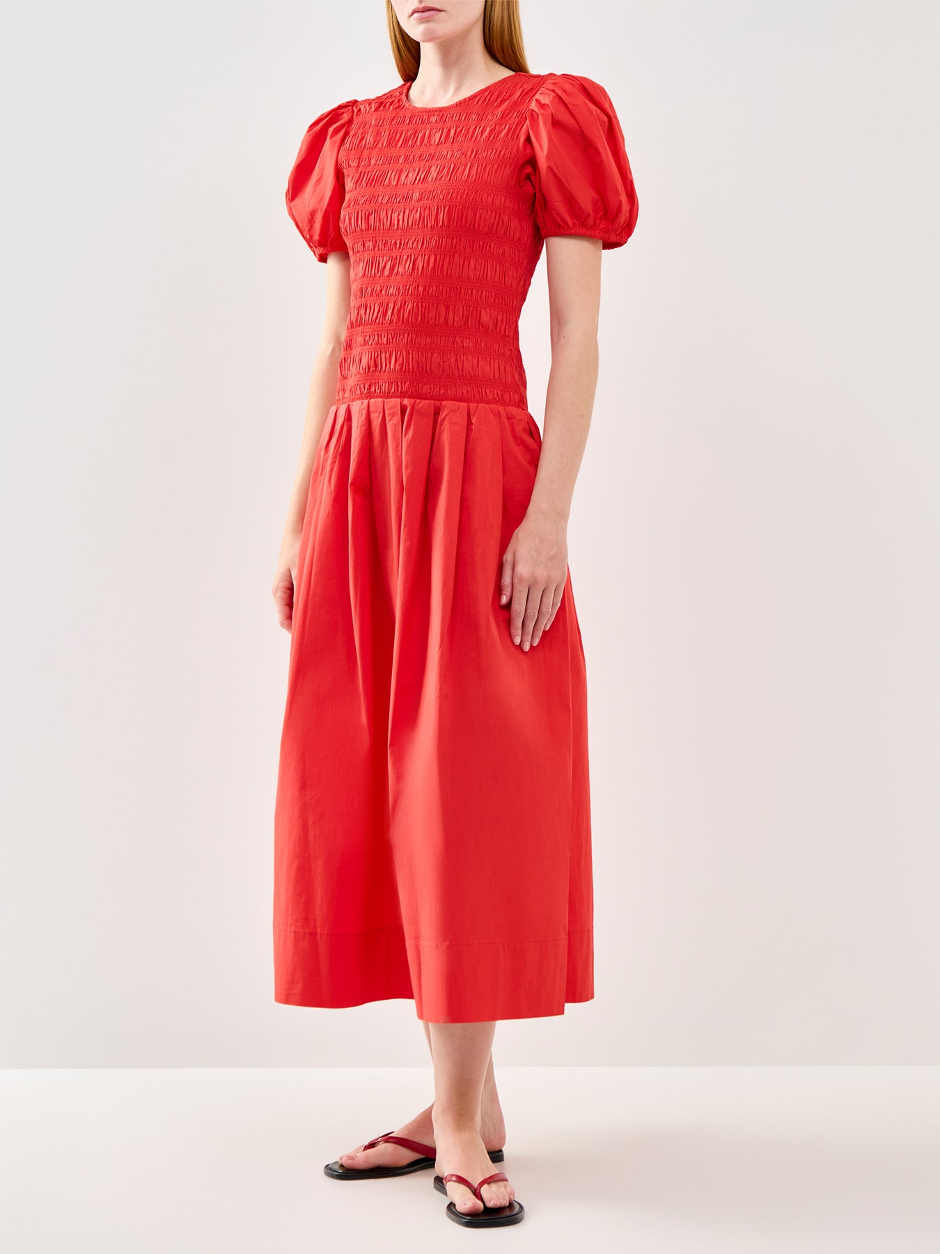 Long Smocked Pleated Dress Red