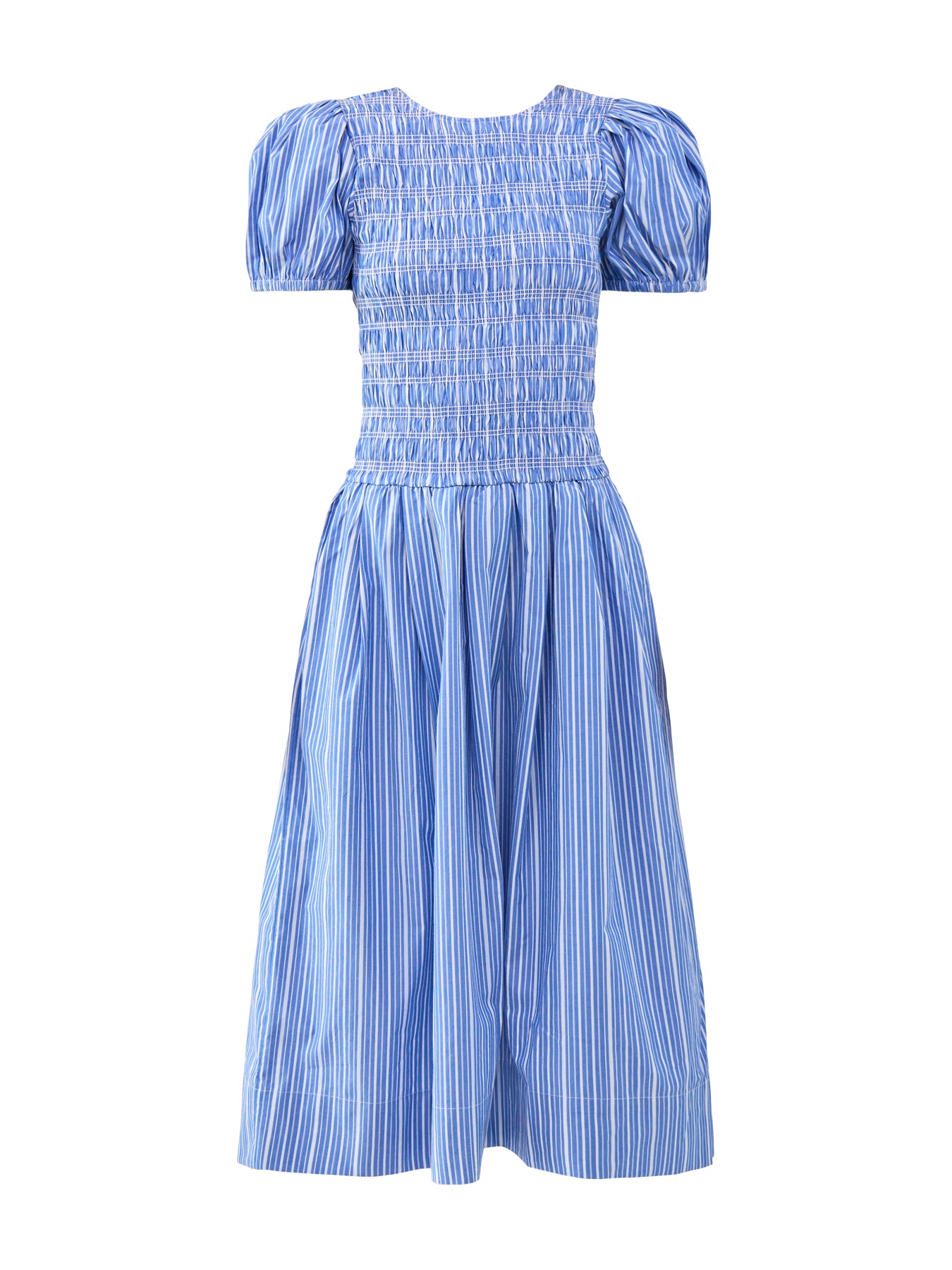 Stripe Smocked Pleated Midi Dress Blue