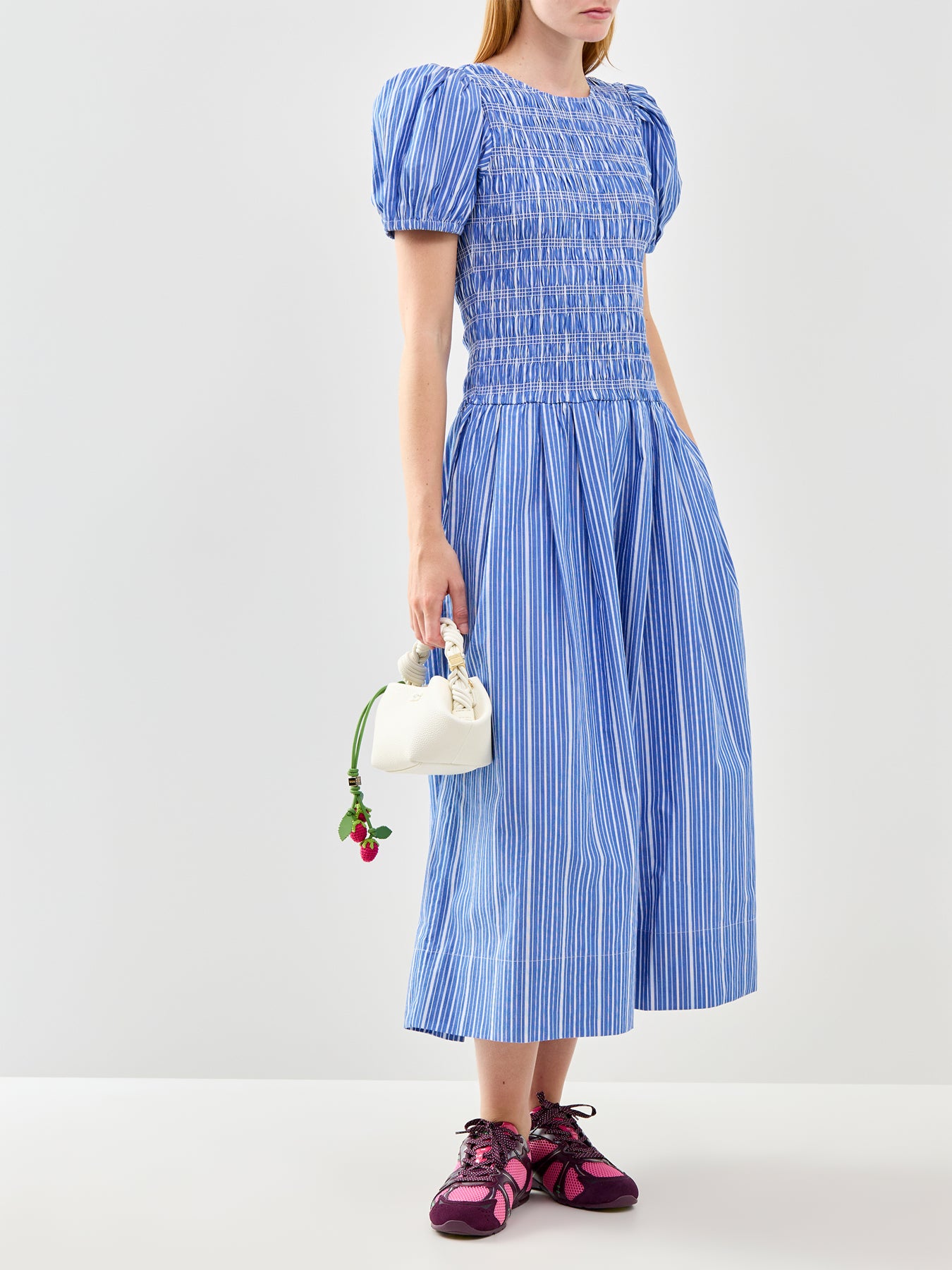 Stripe Smocked Pleated Midi Dress Blue