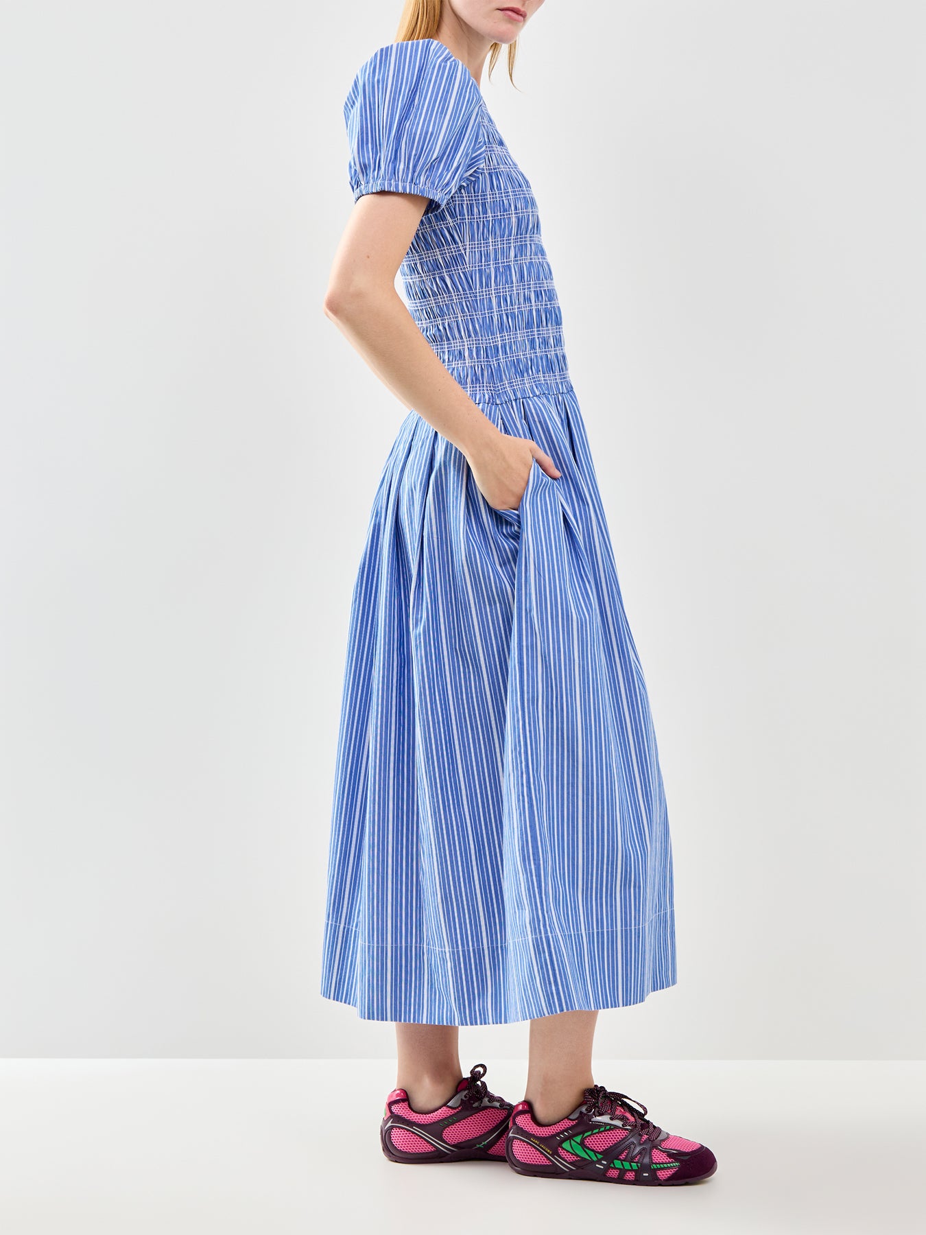 Stripe Smocked Pleated Midi Dress Blue