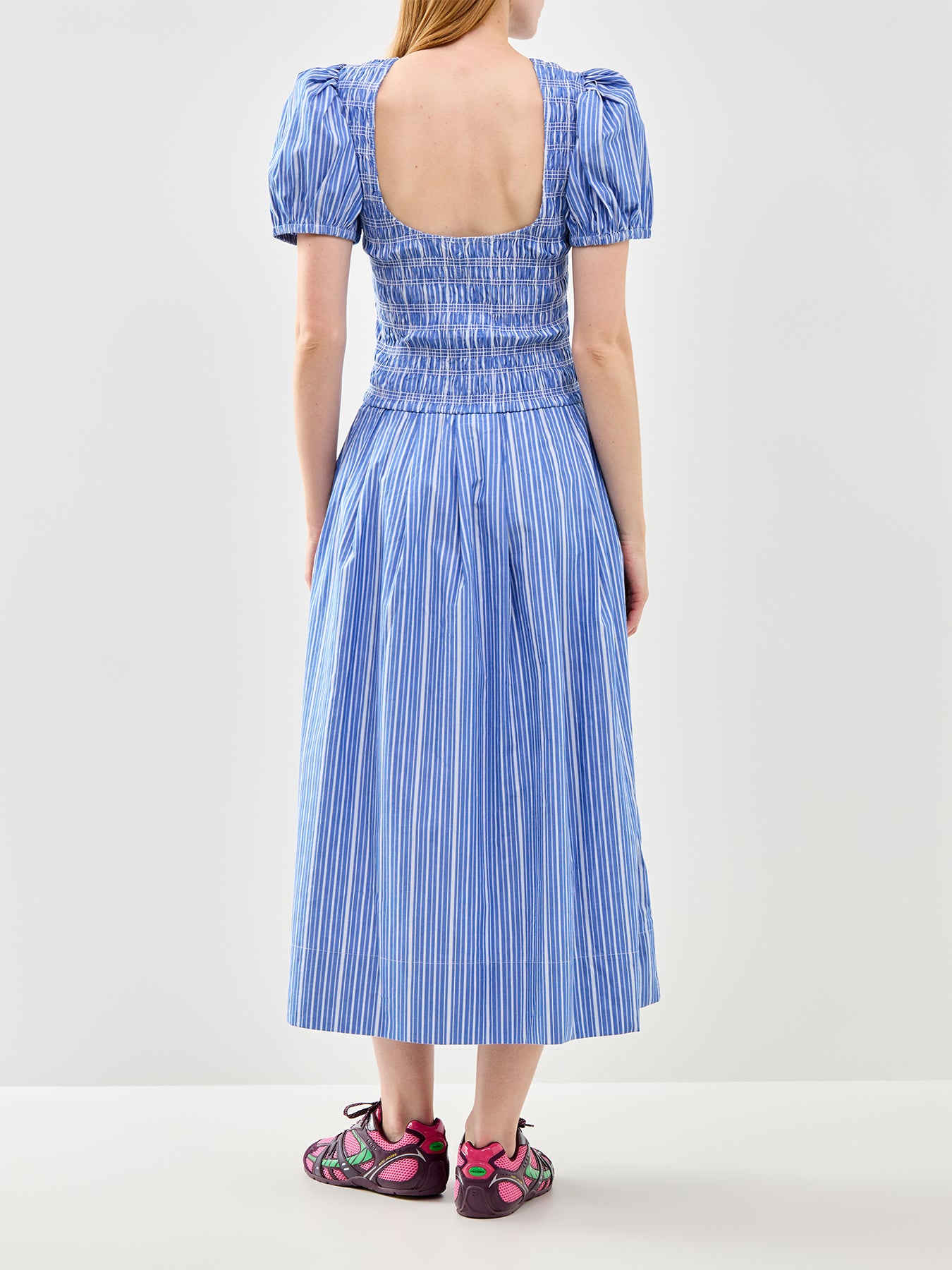 Stripe Smocked Pleated Midi Dress Blue