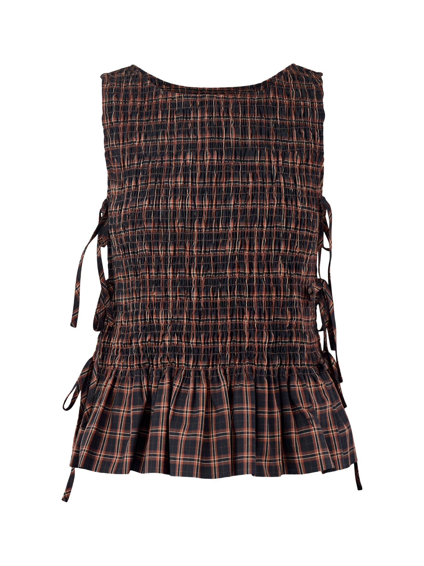 Check Smocked Tie Tank Top Brown