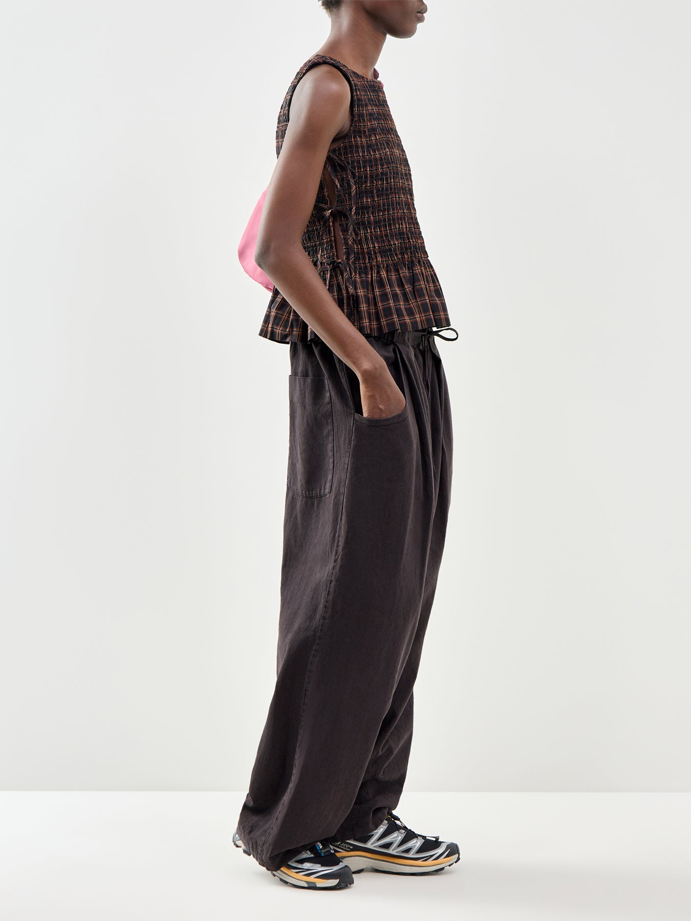 Check Smocked Tie Tank Top Brown
