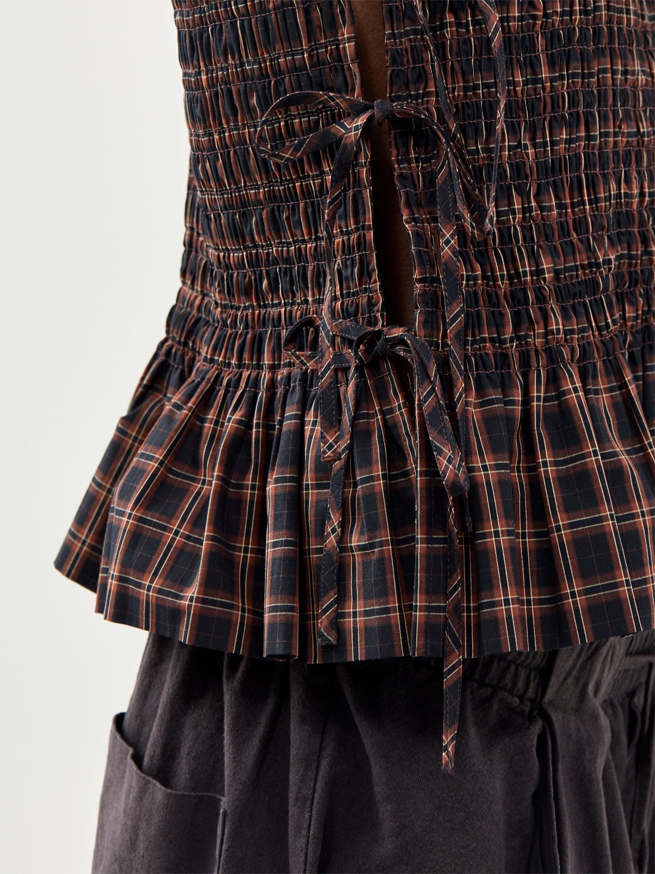 Check Smocked Tie Tank Top Brown