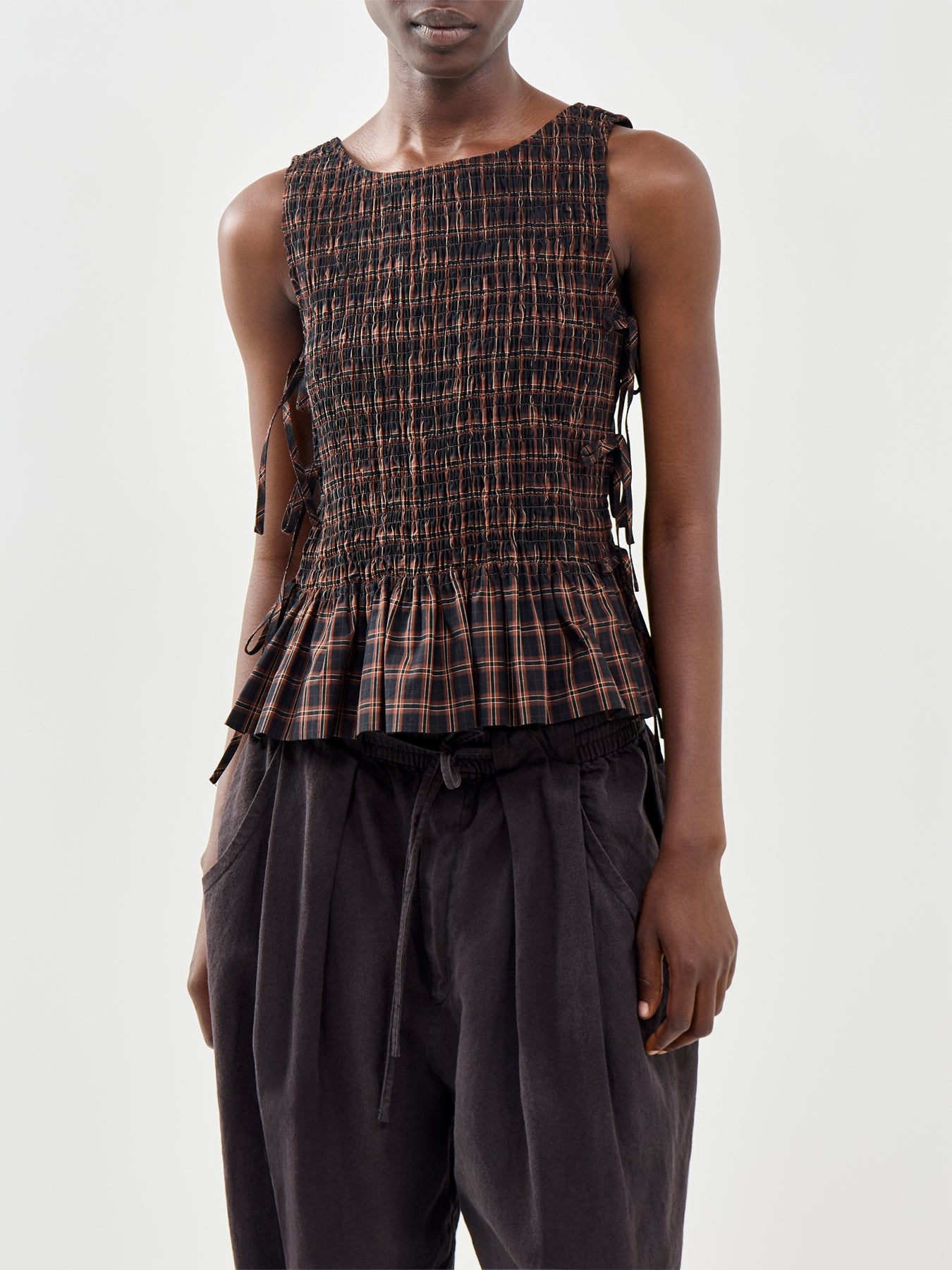 Check Smocked Tie Tank Top Brown