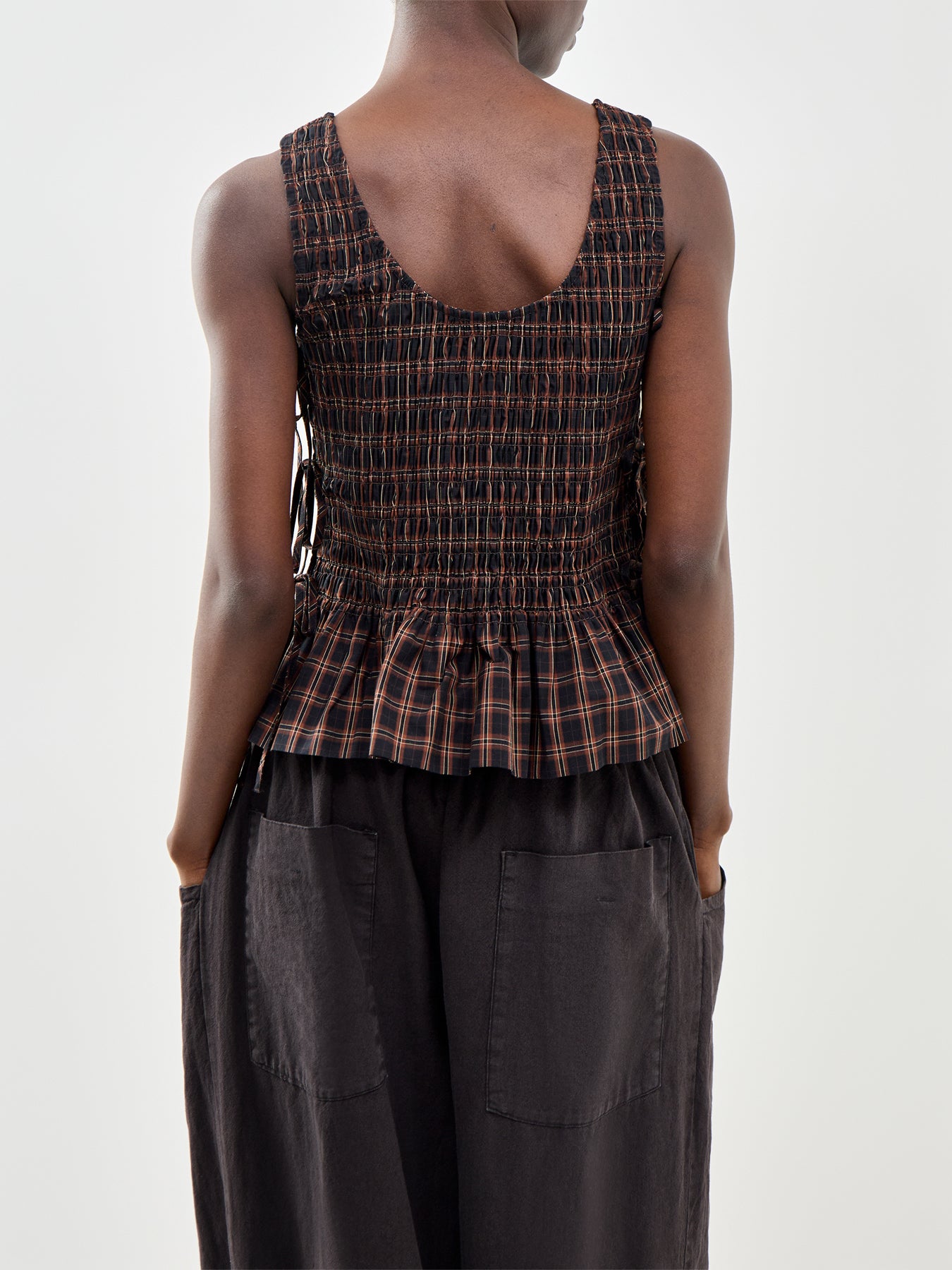 Check Smocked Tie Tank Top Brown