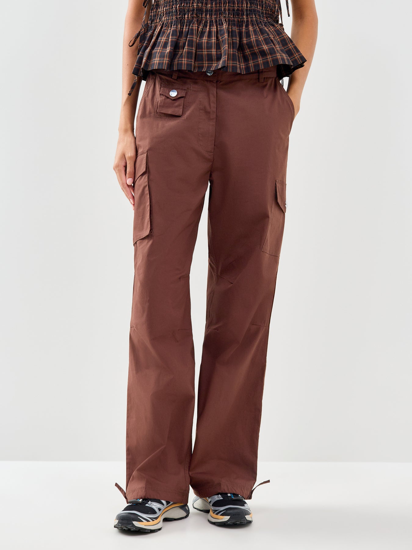 Stretch Cotton Pocket Cargo Trousers Brown