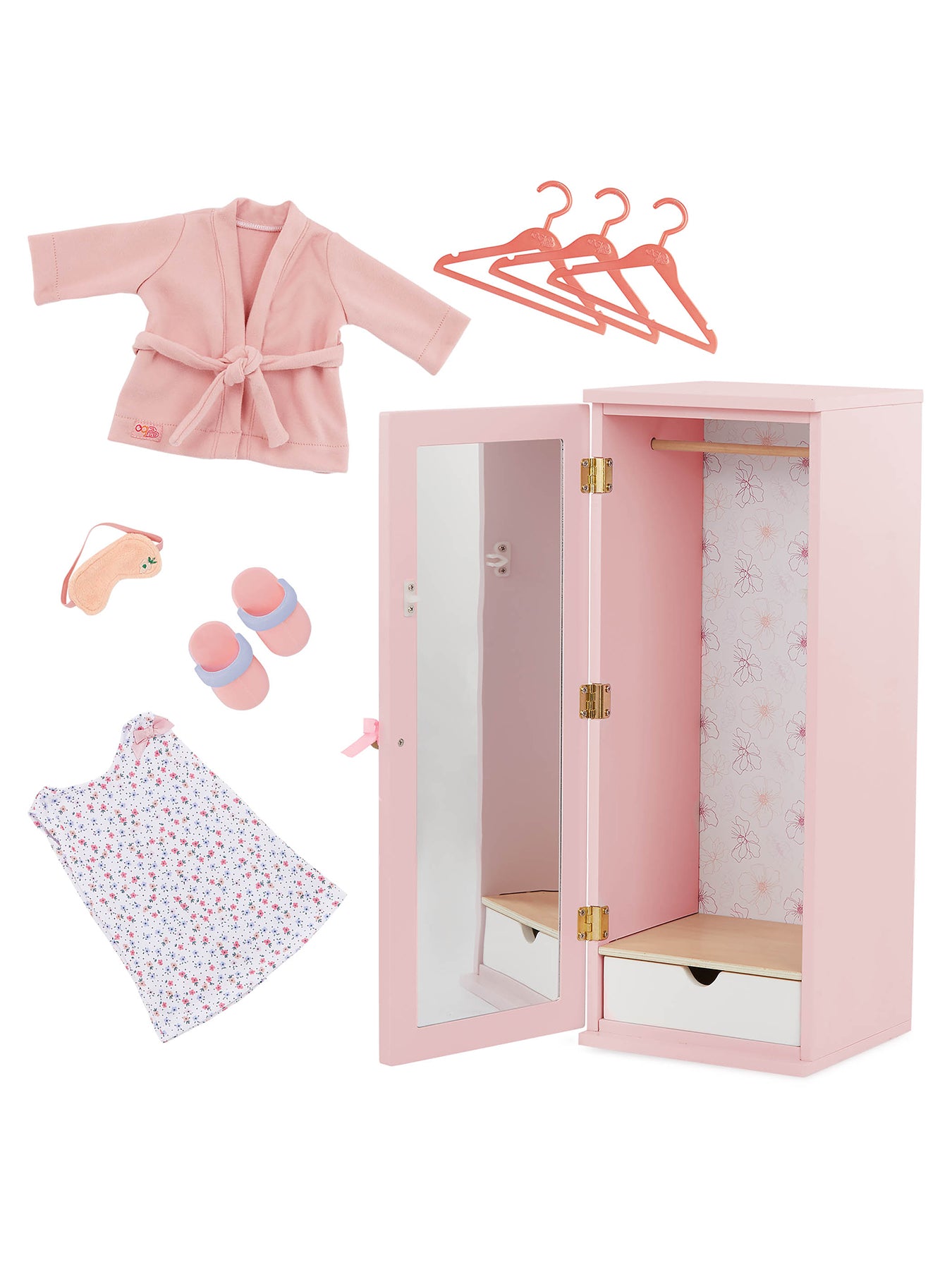 Wooden Doll Wardrobe & Accessories