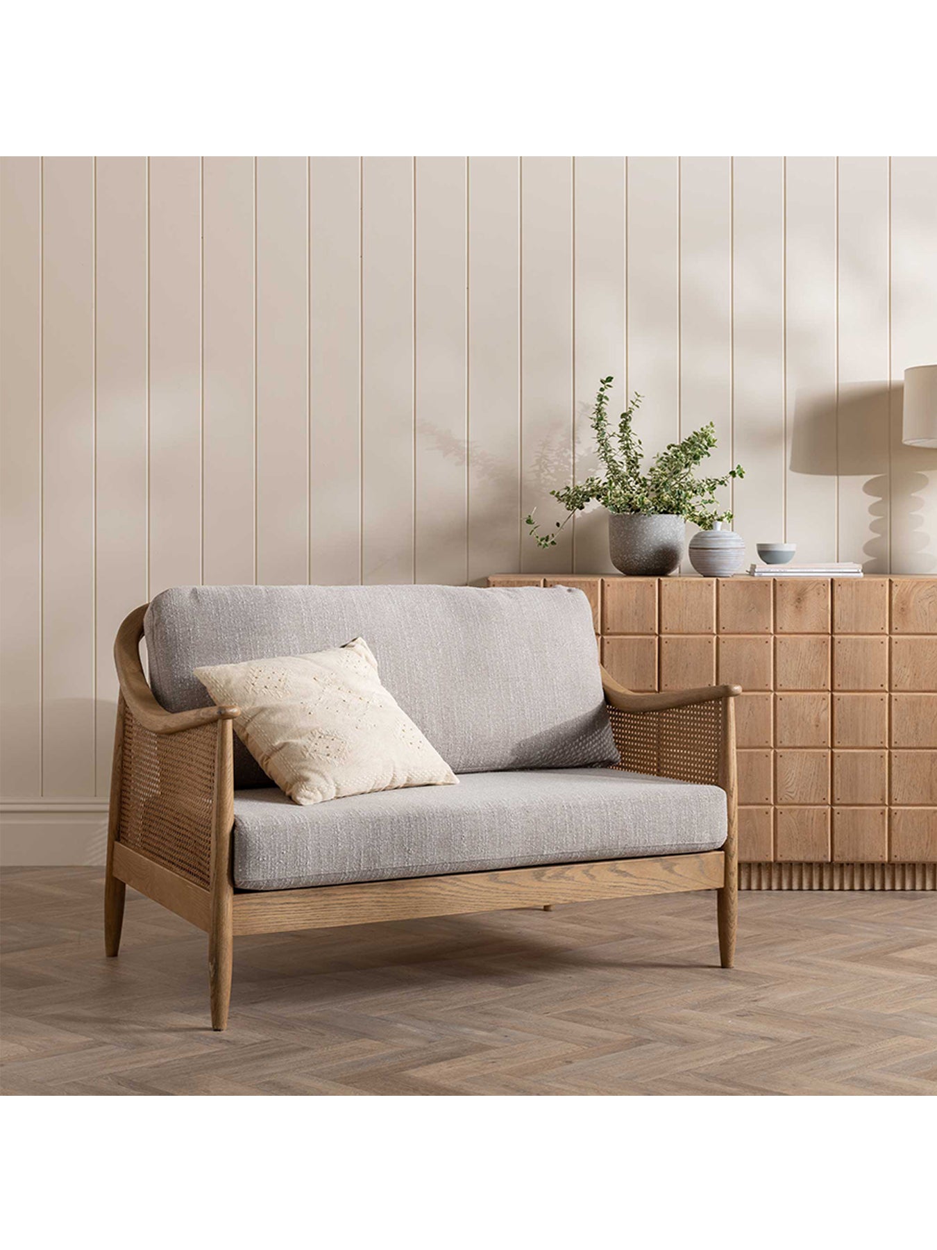 Yardley Green Fabric 2 Seater Sofa With Rattan