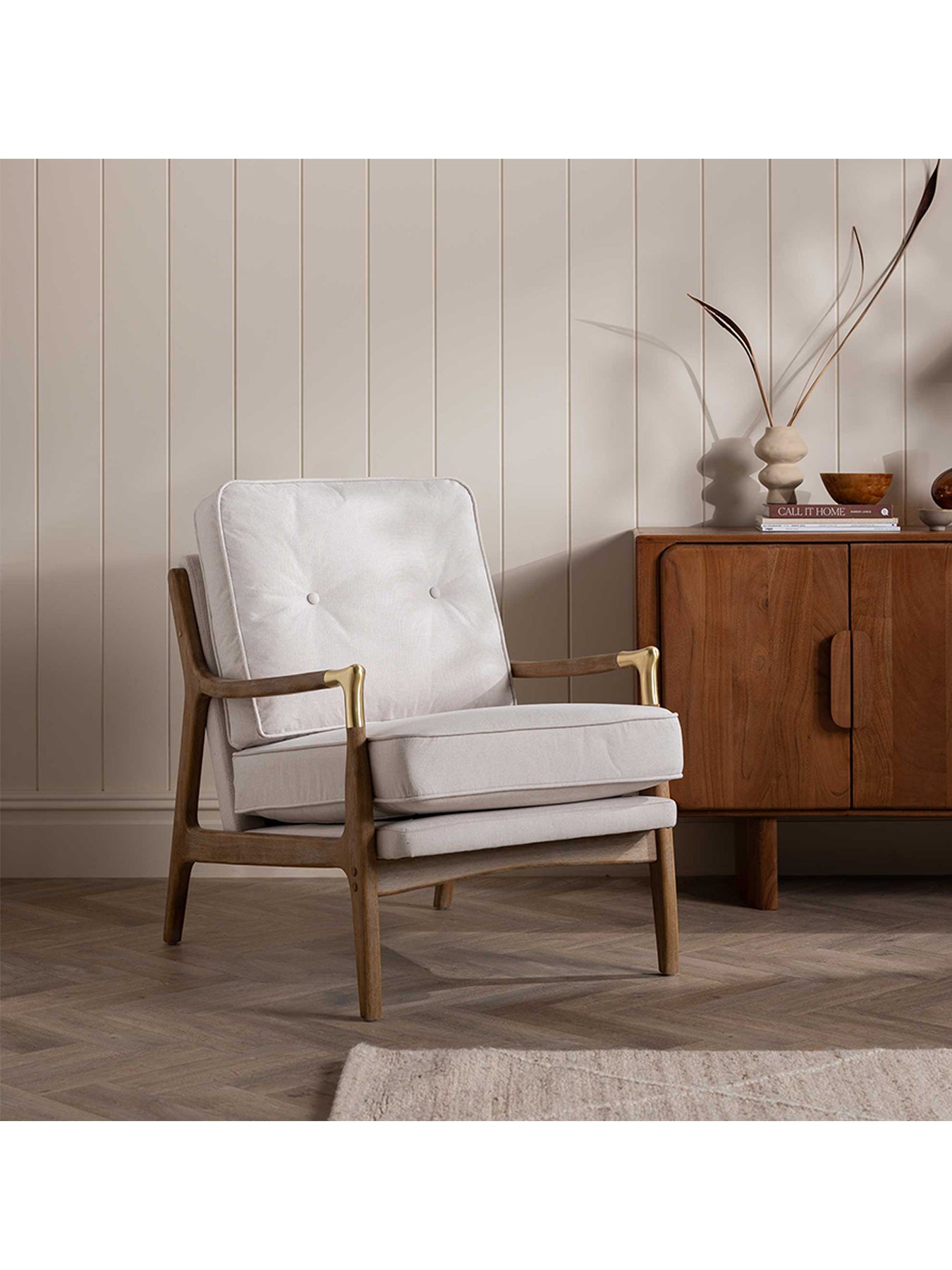 Merrin Cream Fabric Accent Chair With Wood Frame