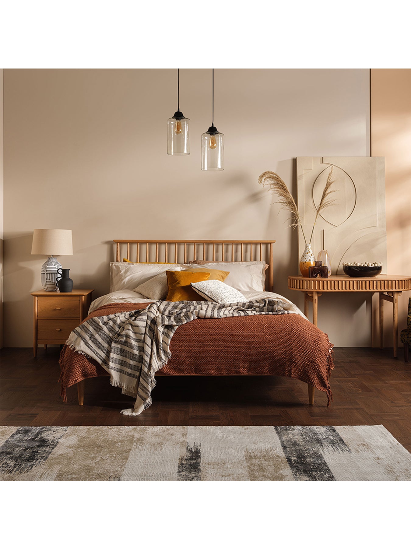 Teramo Oak Double Bed Frame With Spindle Headboard