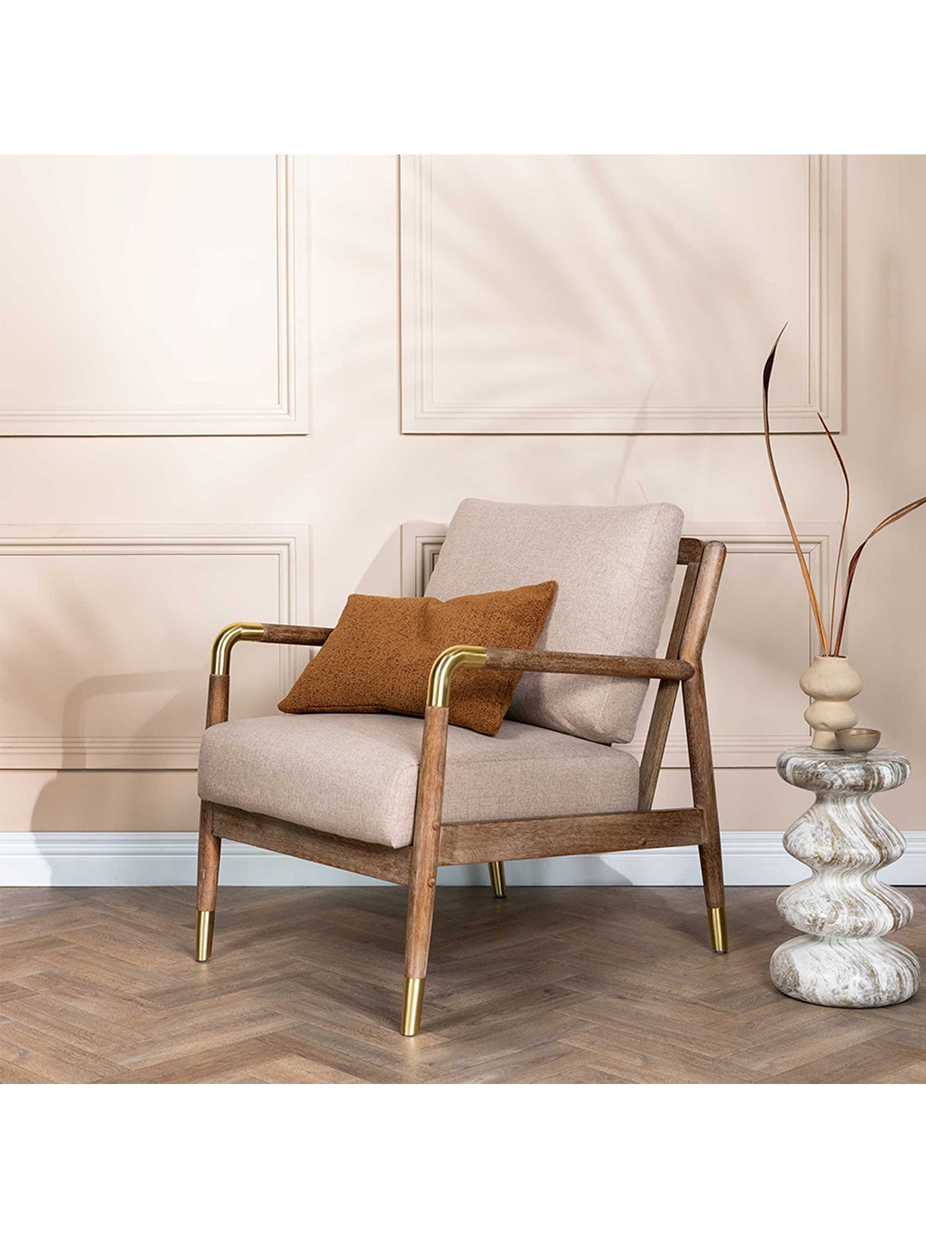 Tarron Neutral Fabric Accent Chair With Wood Frame