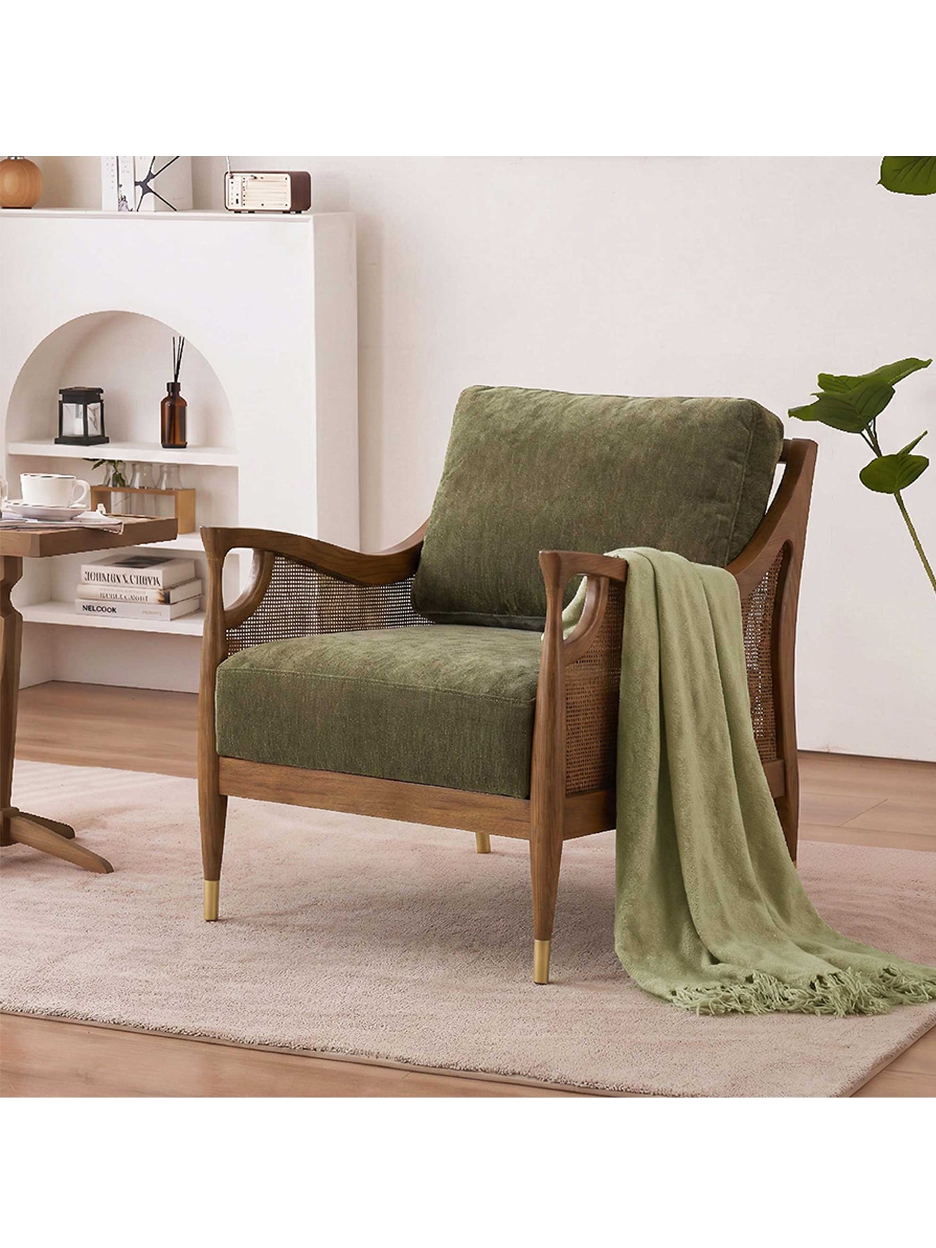 Olive Green Fabric Accent Chair With Rattan