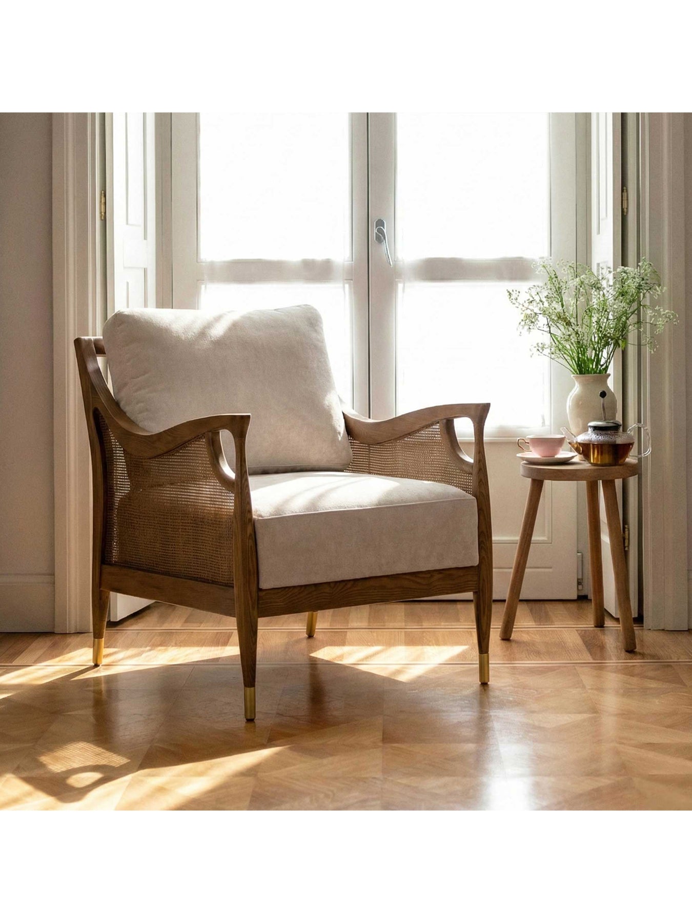 Fabric Accent Chair With Rattan Neutral