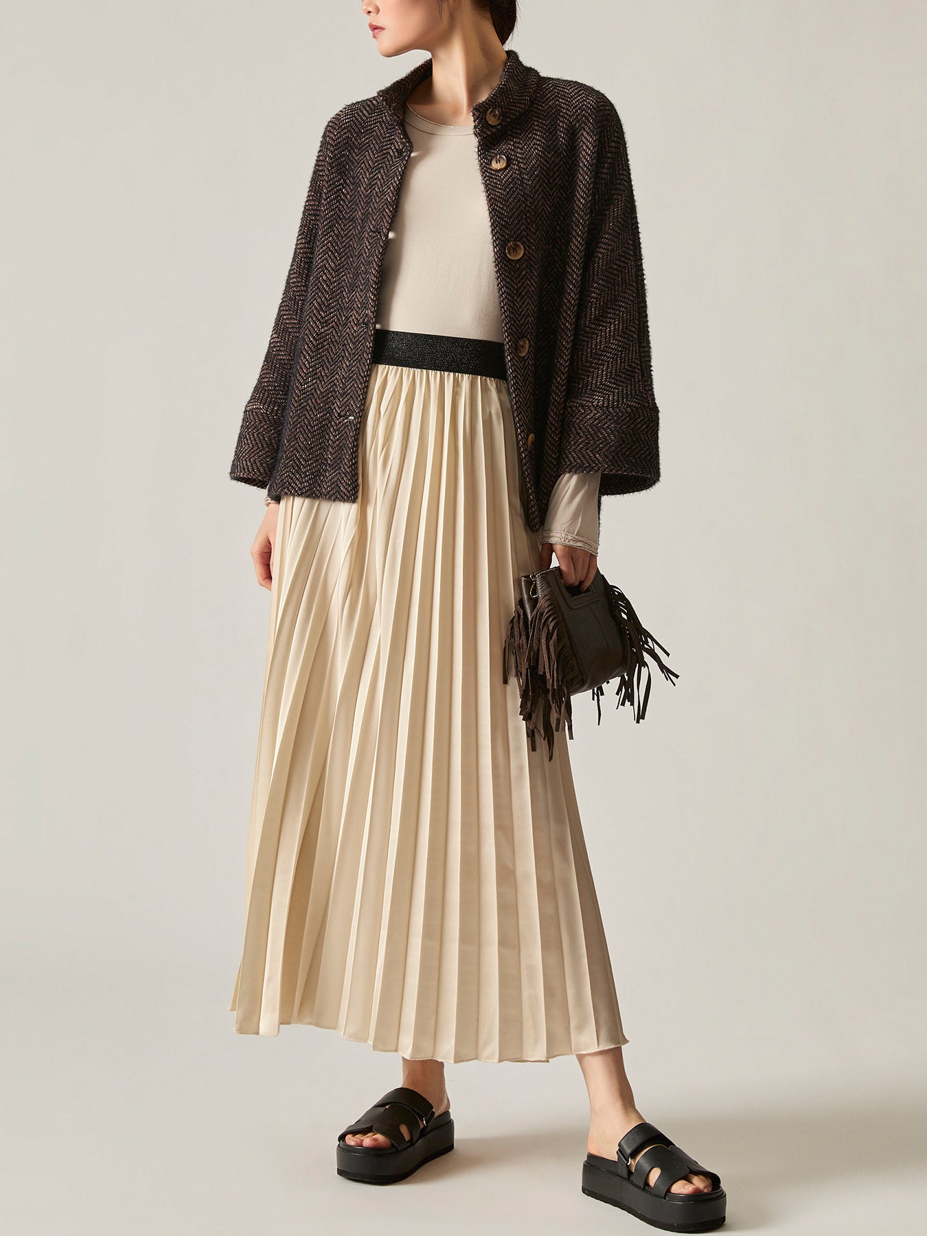Pleated Maxi Skirt Beige
