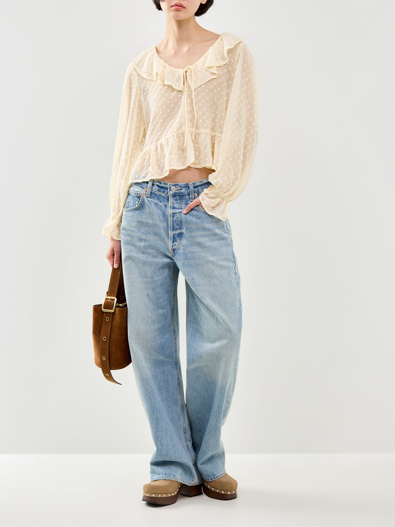 Isla Long Sleeve Frill Dobby Top Cream