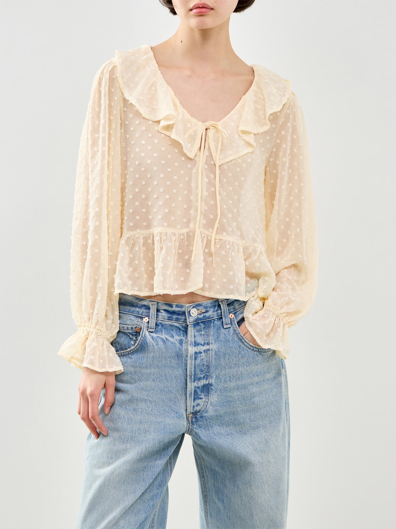 Isla Long Sleeve Frill Dobby Top Cream