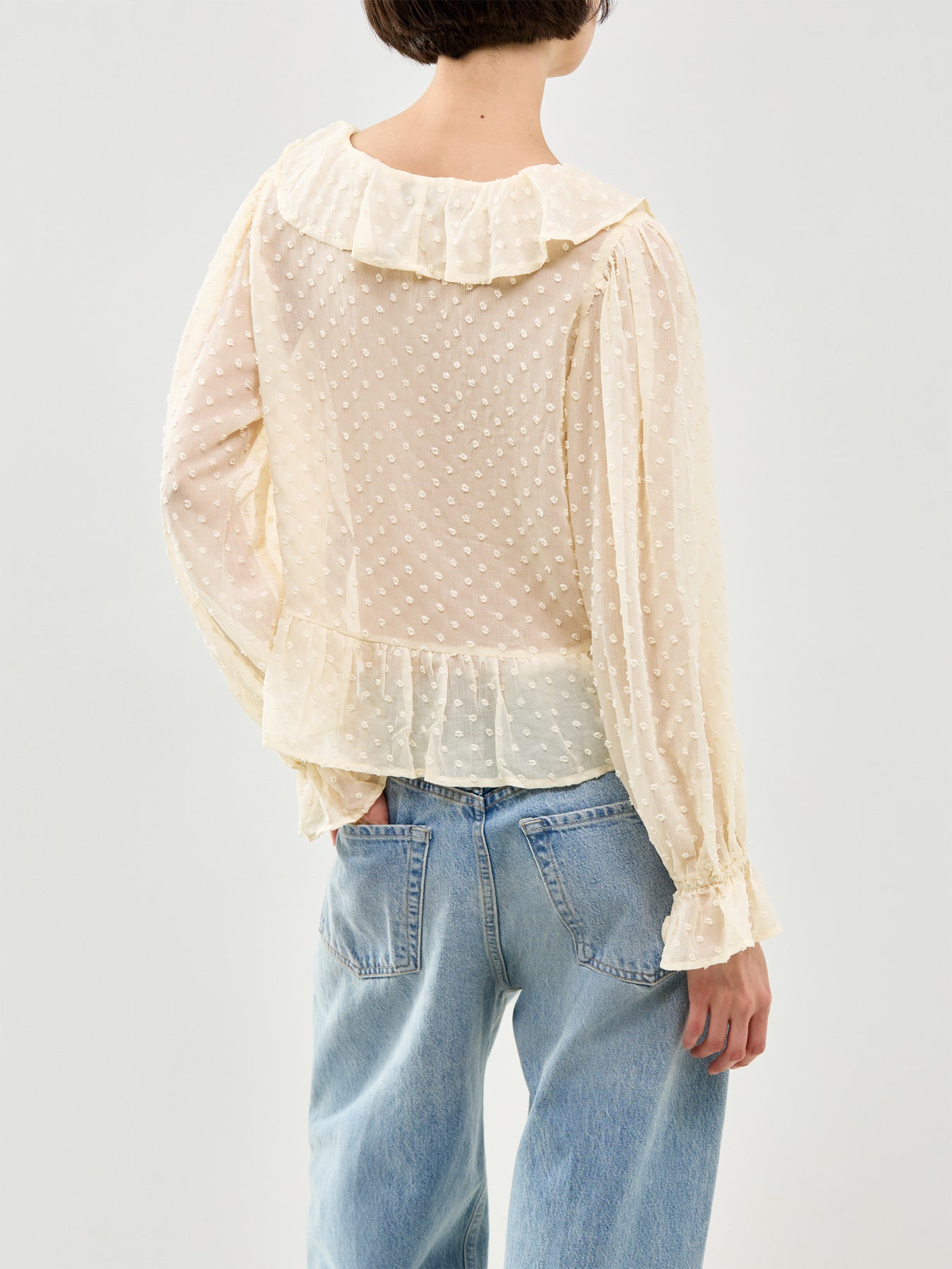 Isla Long Sleeve Frill Dobby Top Cream