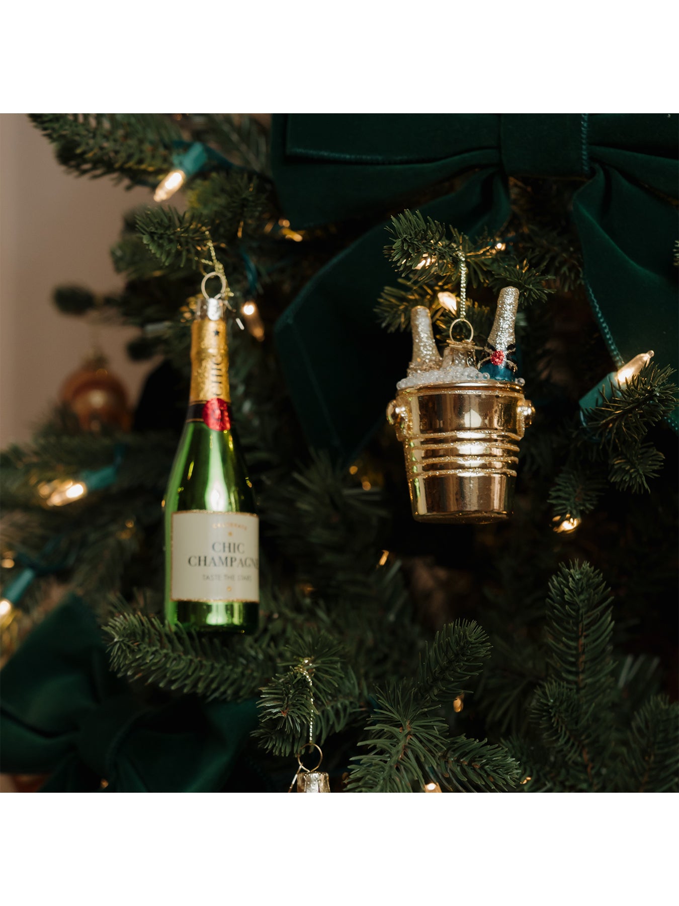 Glass Champagne Bottles in Gold Cooler Christmas Ornament