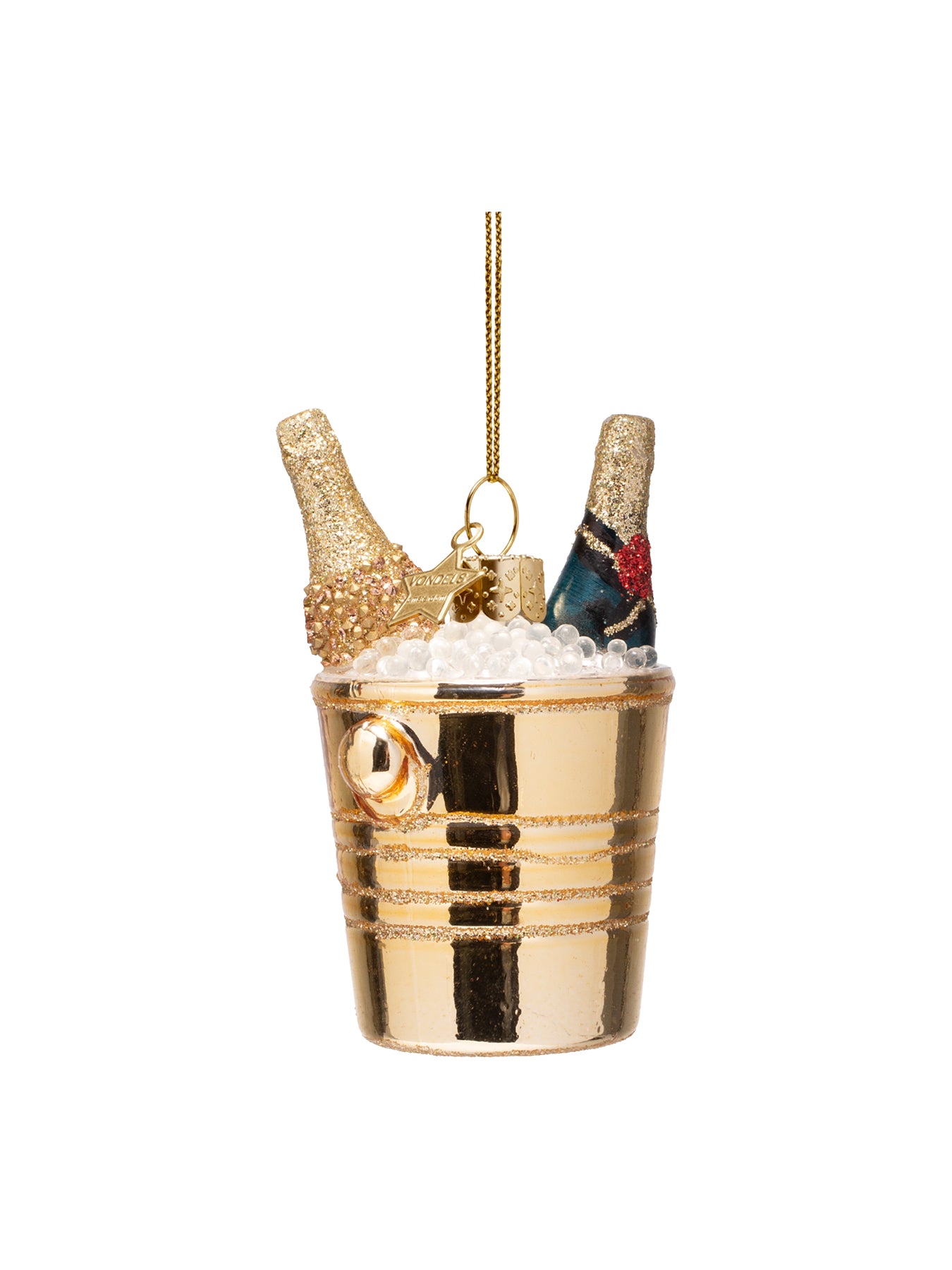 Glass Champagne Bottles in Gold Cooler Christmas Ornament