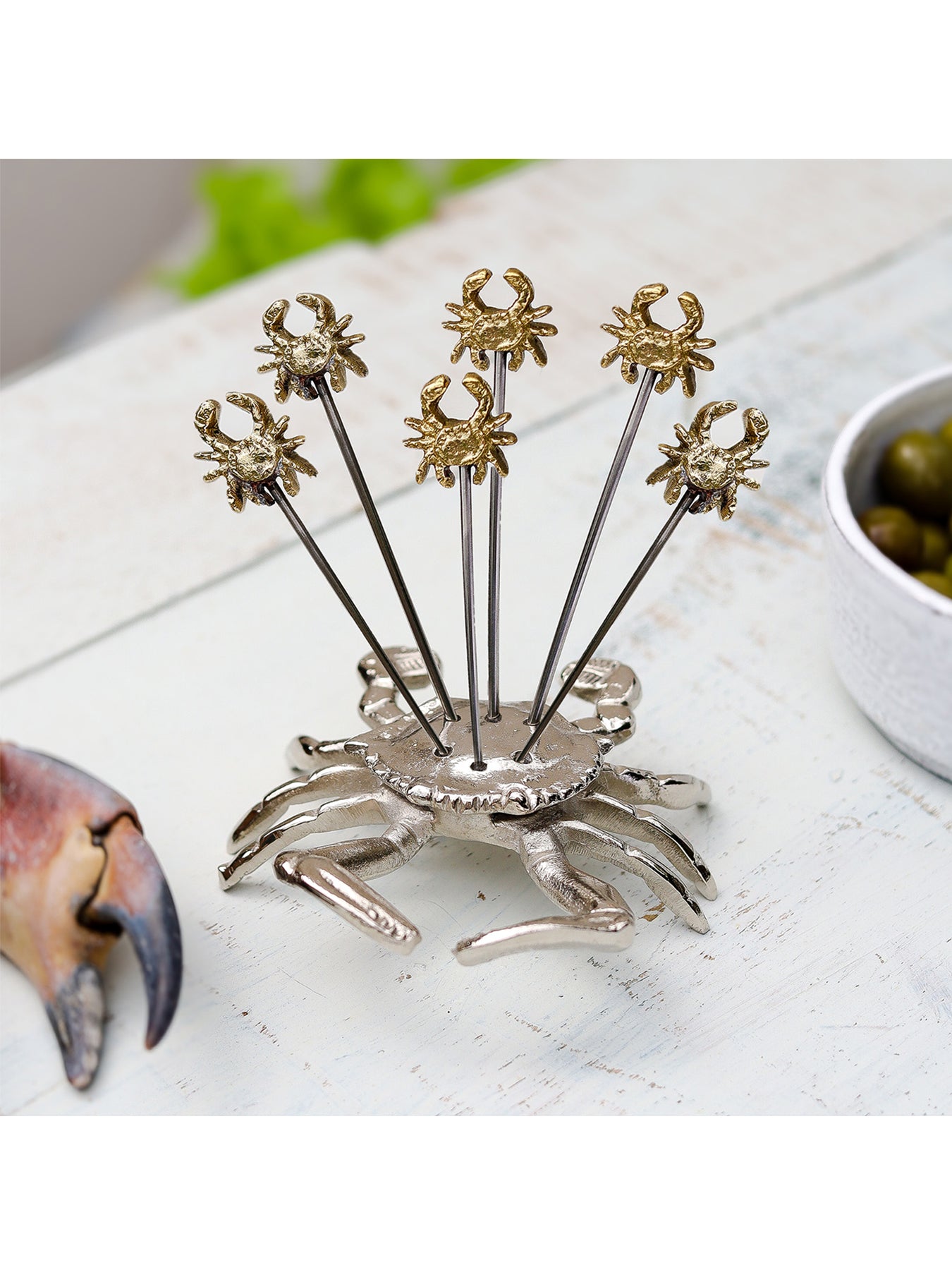 Set of Six Crab Olive Picks with Holder
