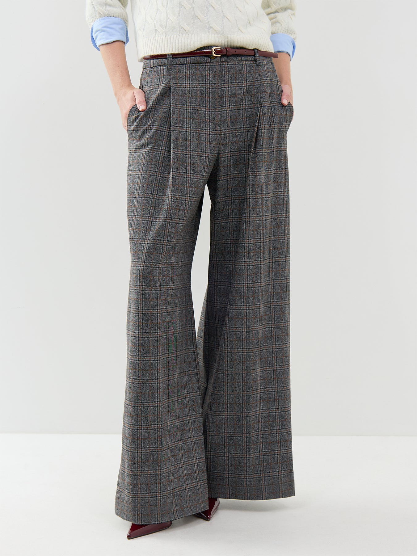 Carena Wide Leg Check Trousers Grey