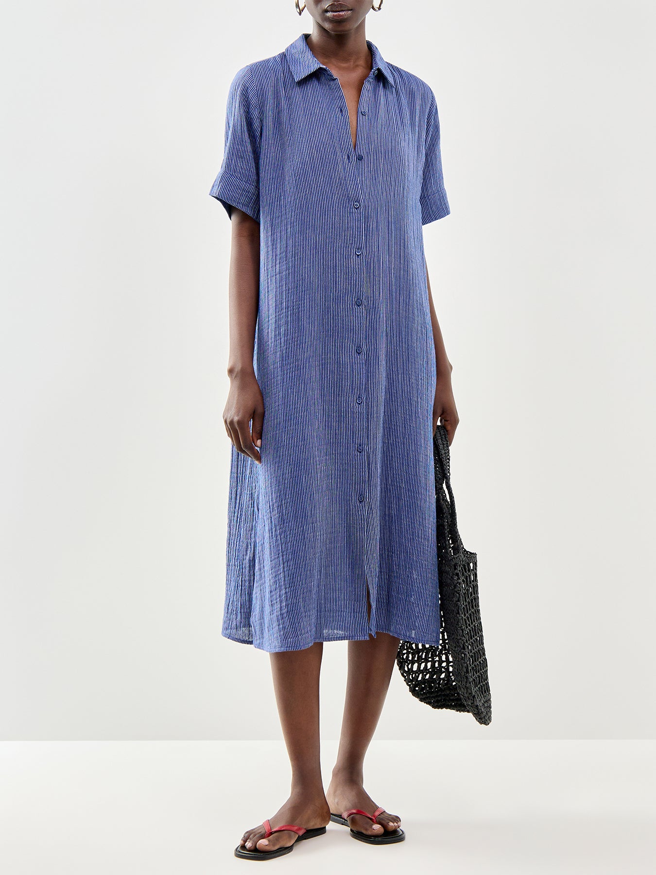 Classic Collar C/L Shirt Dress W/ Short Slvs Deep Dive Blue