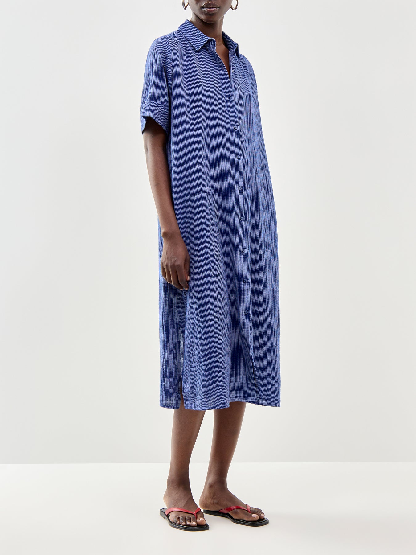 Classic Collar C/L Shirt Dress W/ Short Slvs Deep Dive Blue