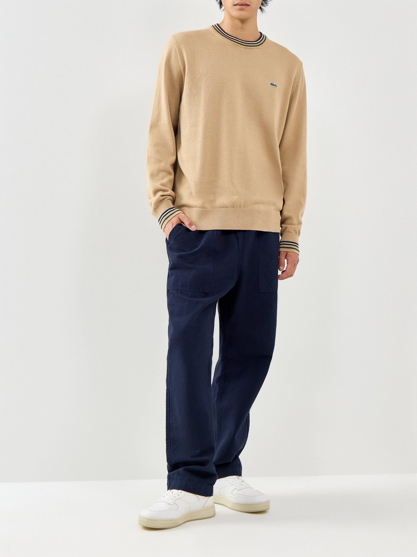 Tipped Crew Neck Knit Sweatshirt Beige