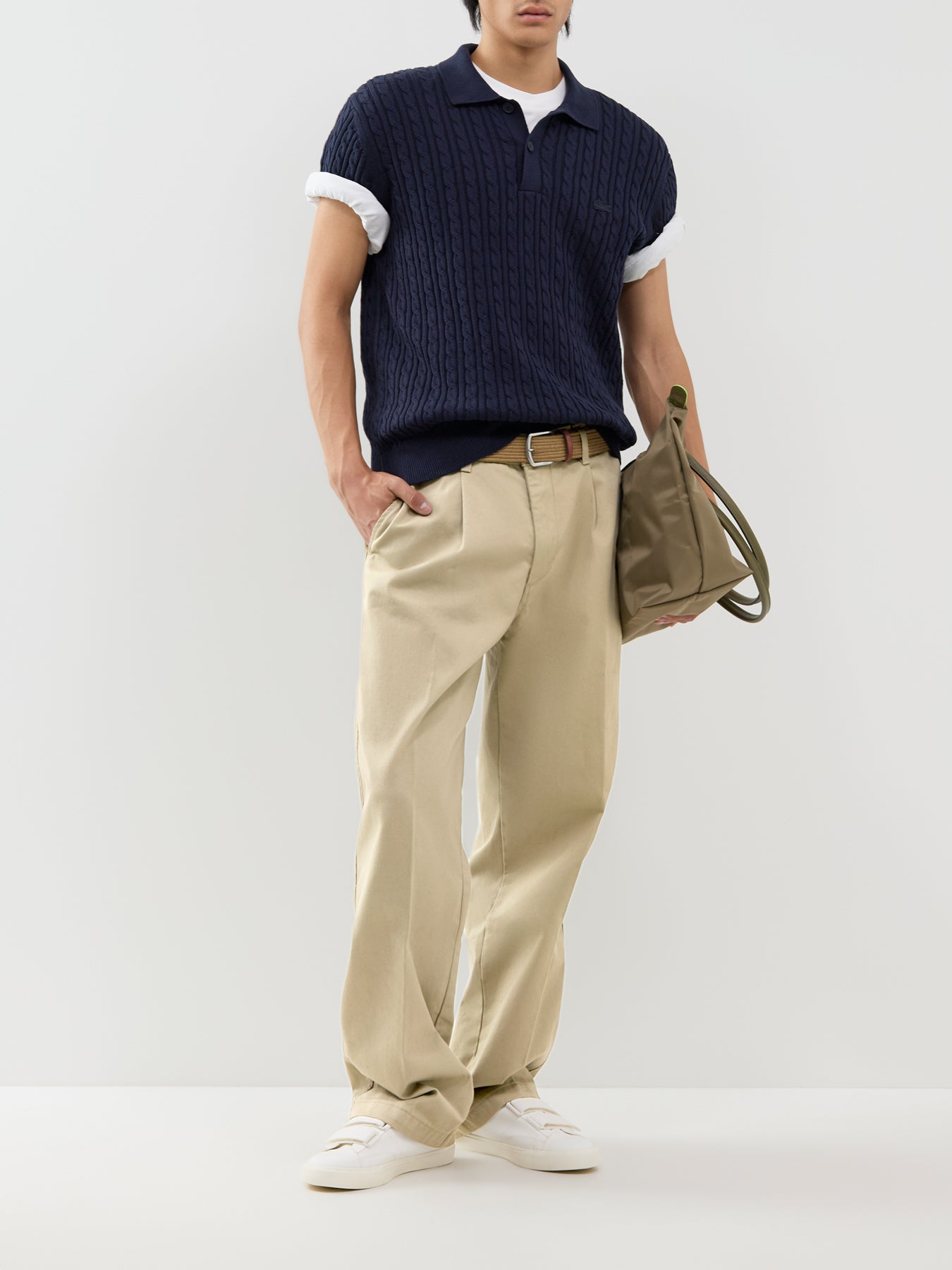 Cotton Blend Cable Knit Polo Shirt - Dark Navy / Green