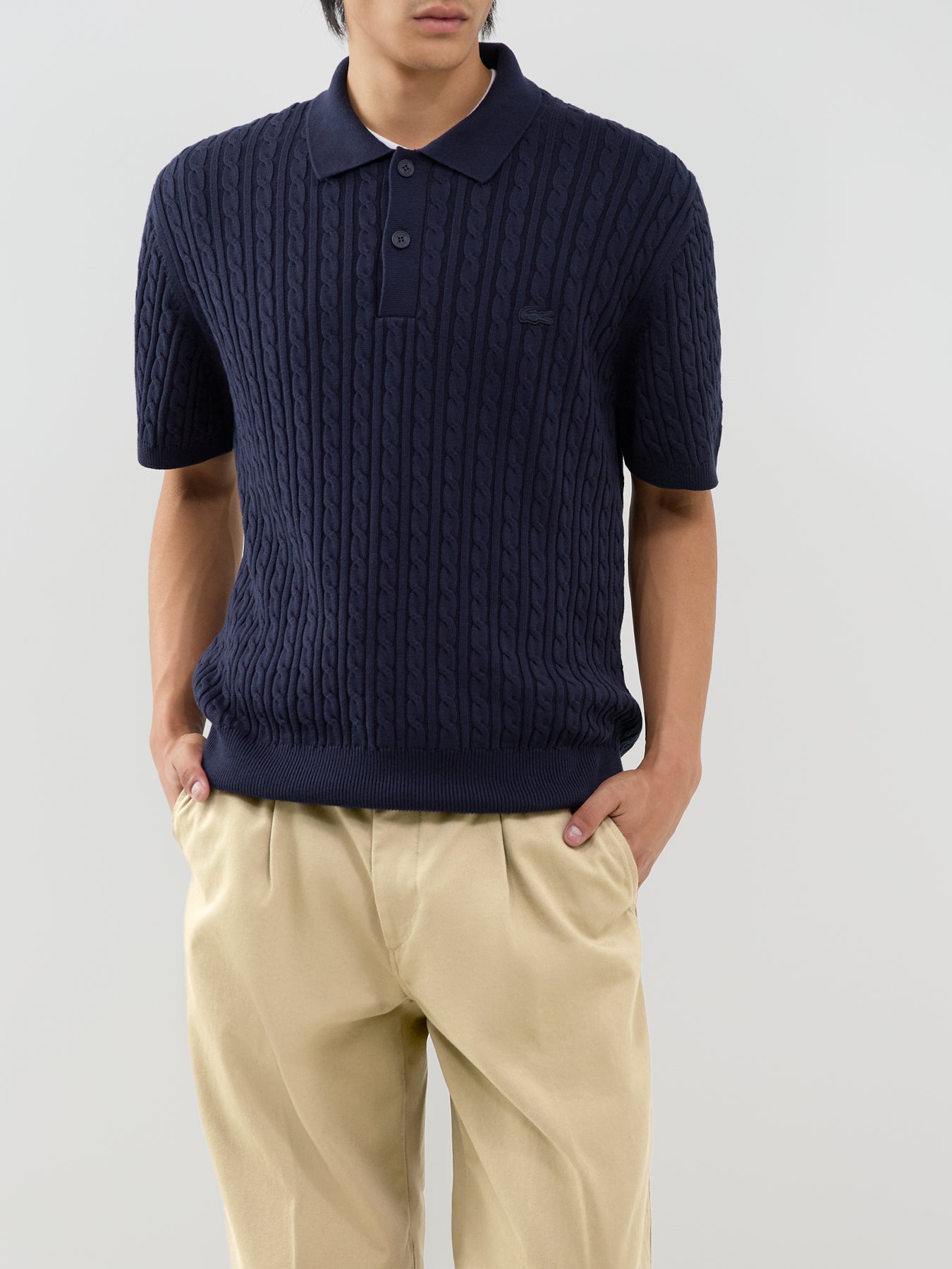 Cotton Blend Cable Knit Polo Shirt - Dark Navy / Green
