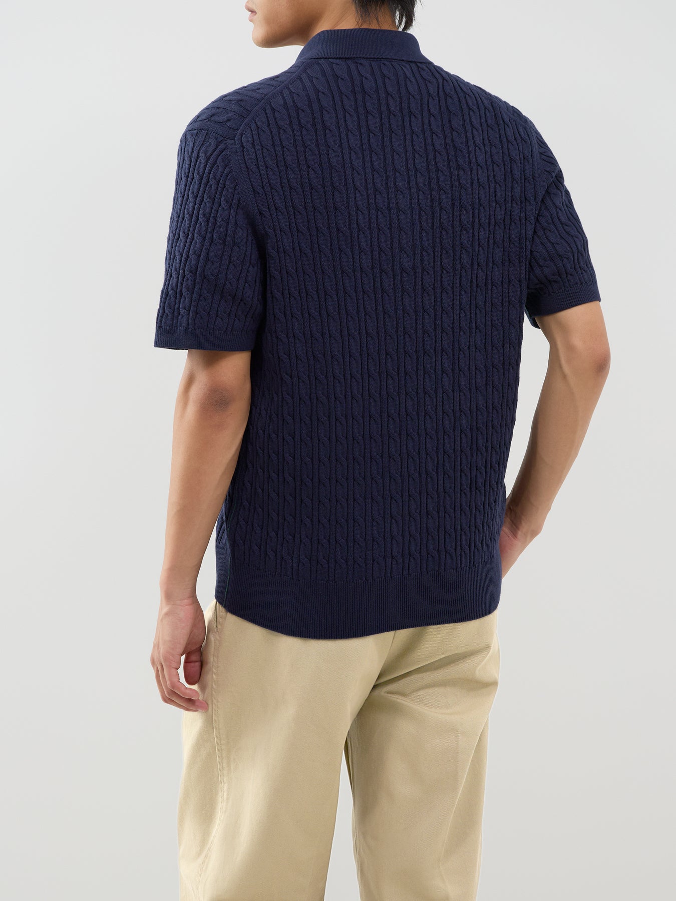 Cotton Blend Cable Knit Polo Shirt - Dark Navy / Green