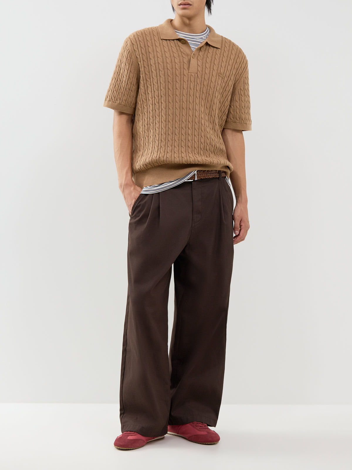 Cotton Blend Cable Knit Polo Shirt - Cookie / Green