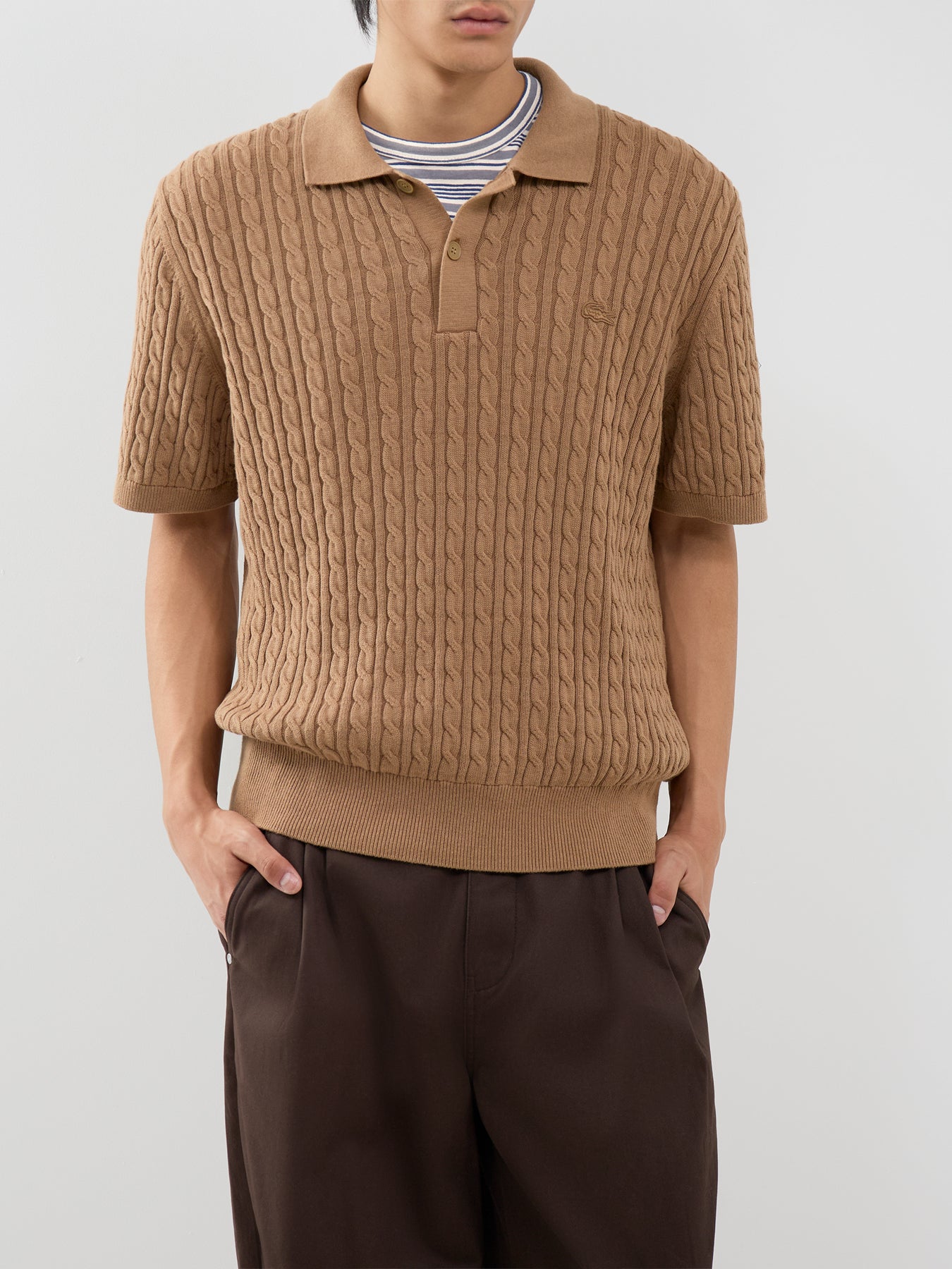 Cotton Blend Cable Knit Polo Shirt - Cookie / Green