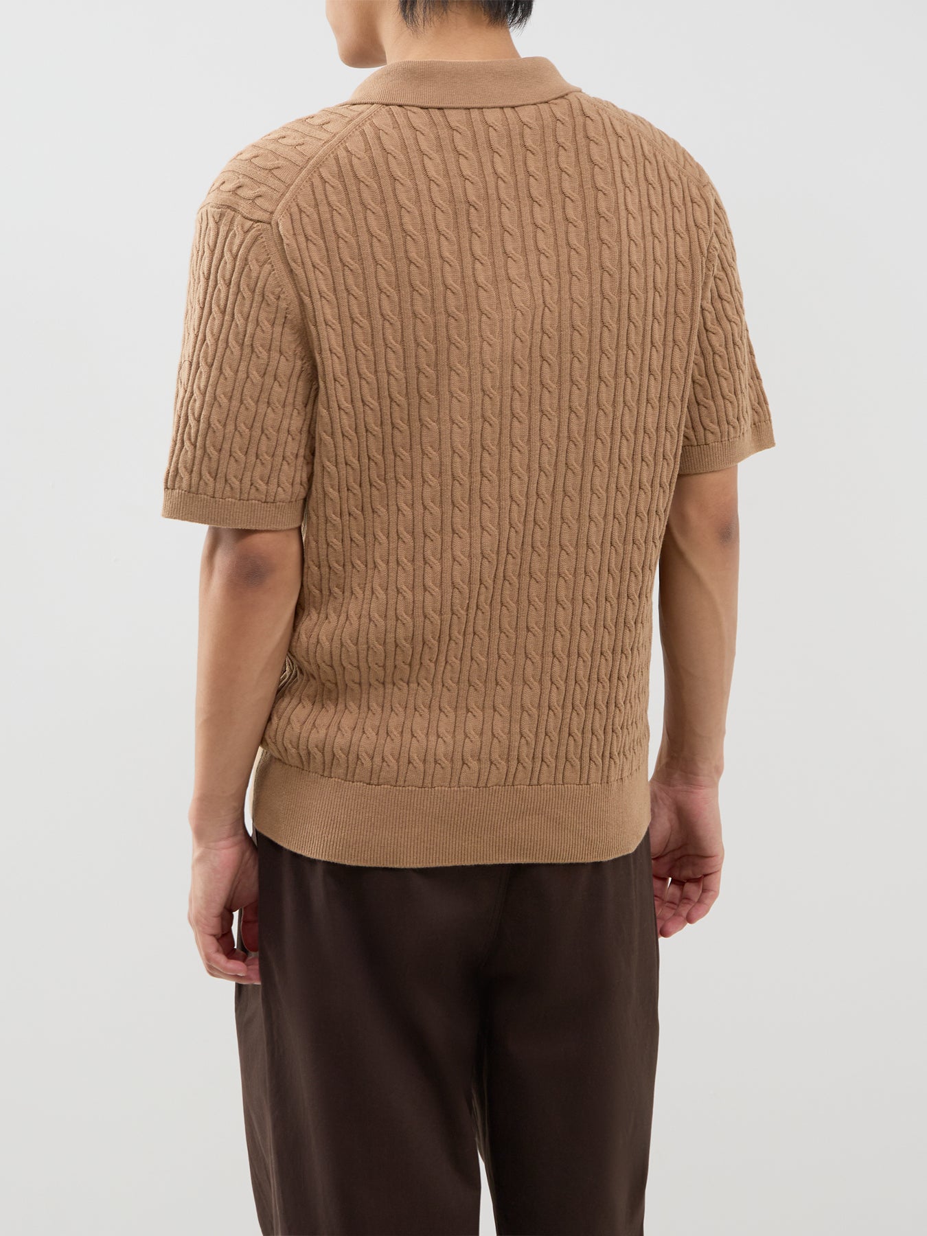 Cotton Blend Cable Knit Polo Shirt - Cookie / Green