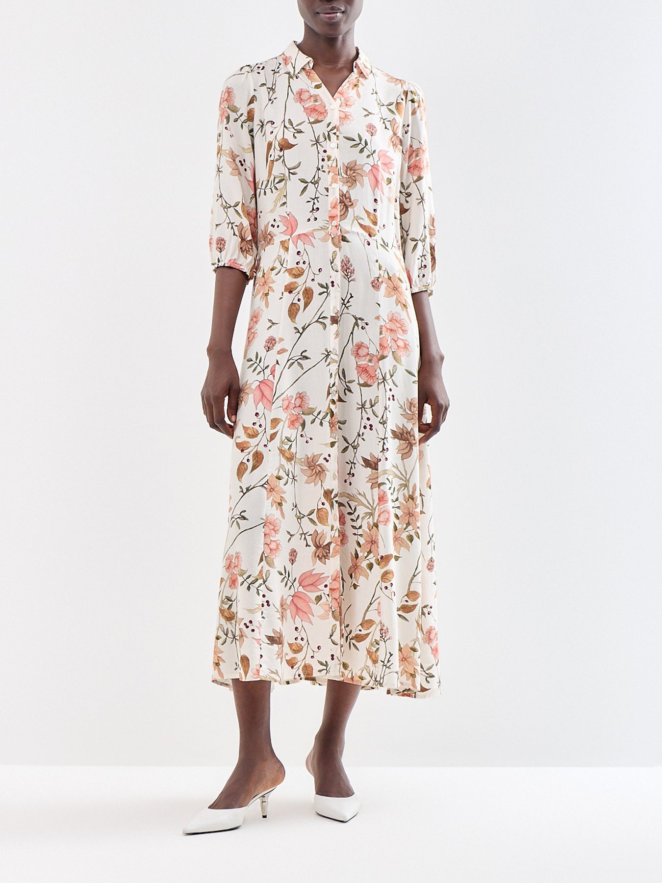 Grace 4 Floral Midi Shirt Dress Cream