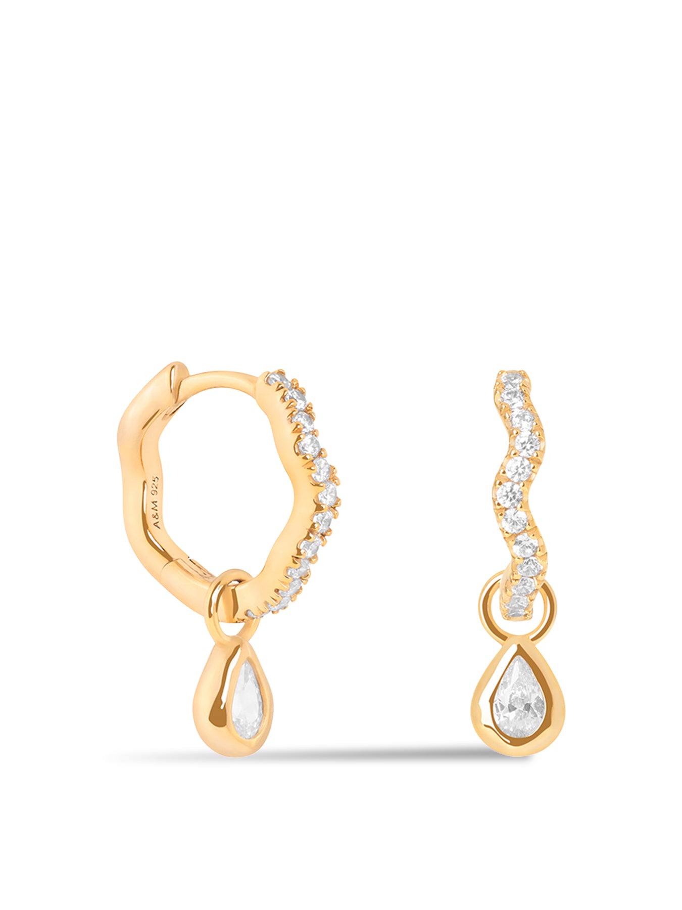 Crystal Ripple Pear Charm Huggie Hoop Earrings Gold