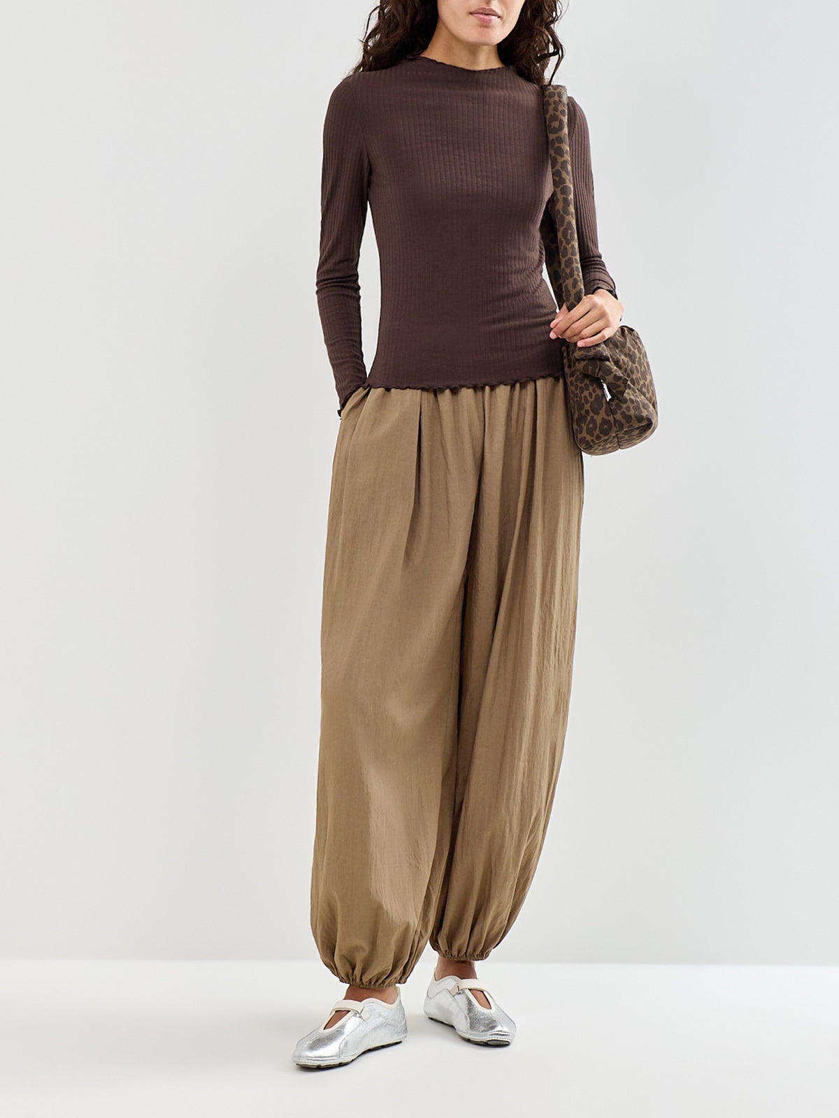 Emma High Neck Long Sleeve Top Brown