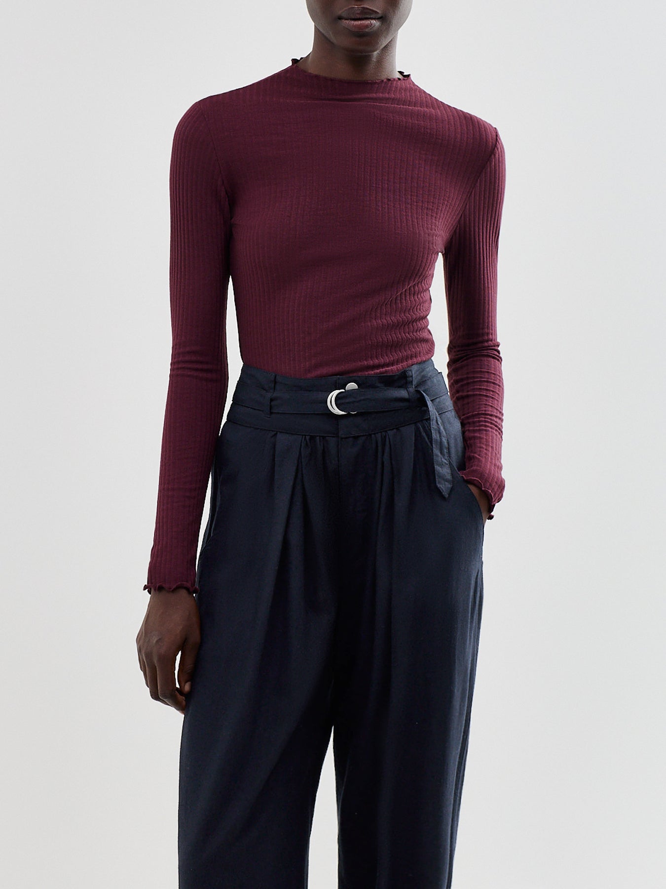 Emma High Neck Long Sleeve Top Burgundy