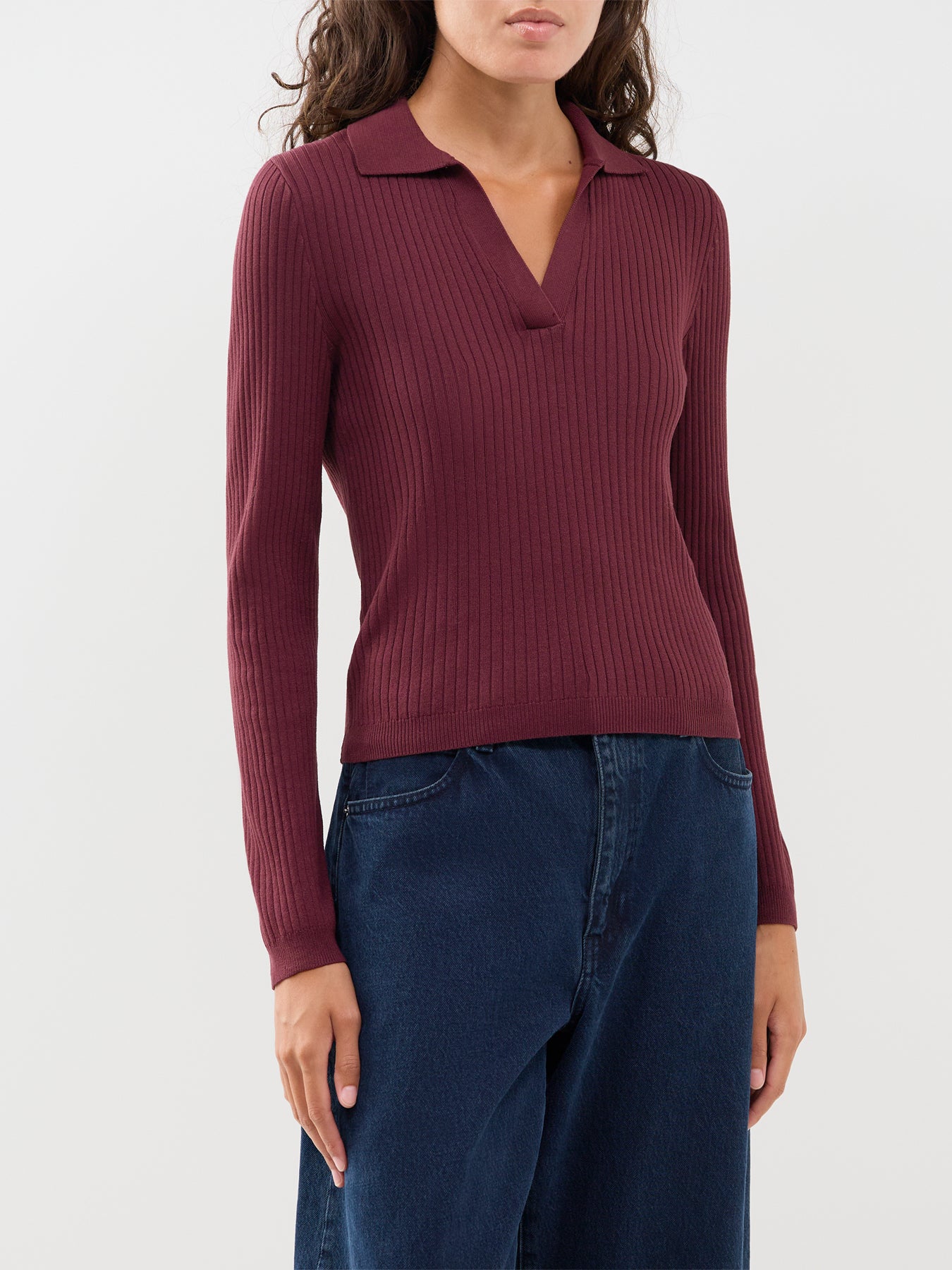 Kaya Long Sleeve Polo Knit Top Burgundy