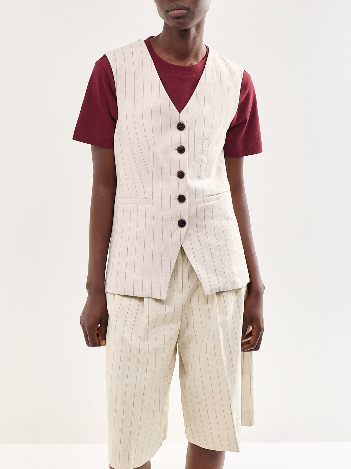Fitted Linen Blend Waistcoat Beige