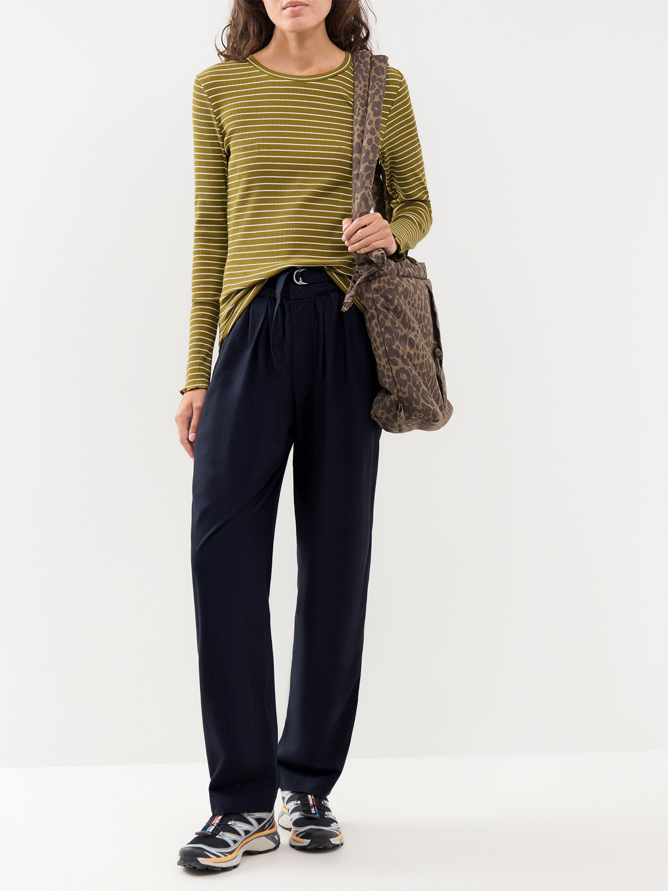 Anna Striped Long Sleeve Crew Neck T-Shirt Green