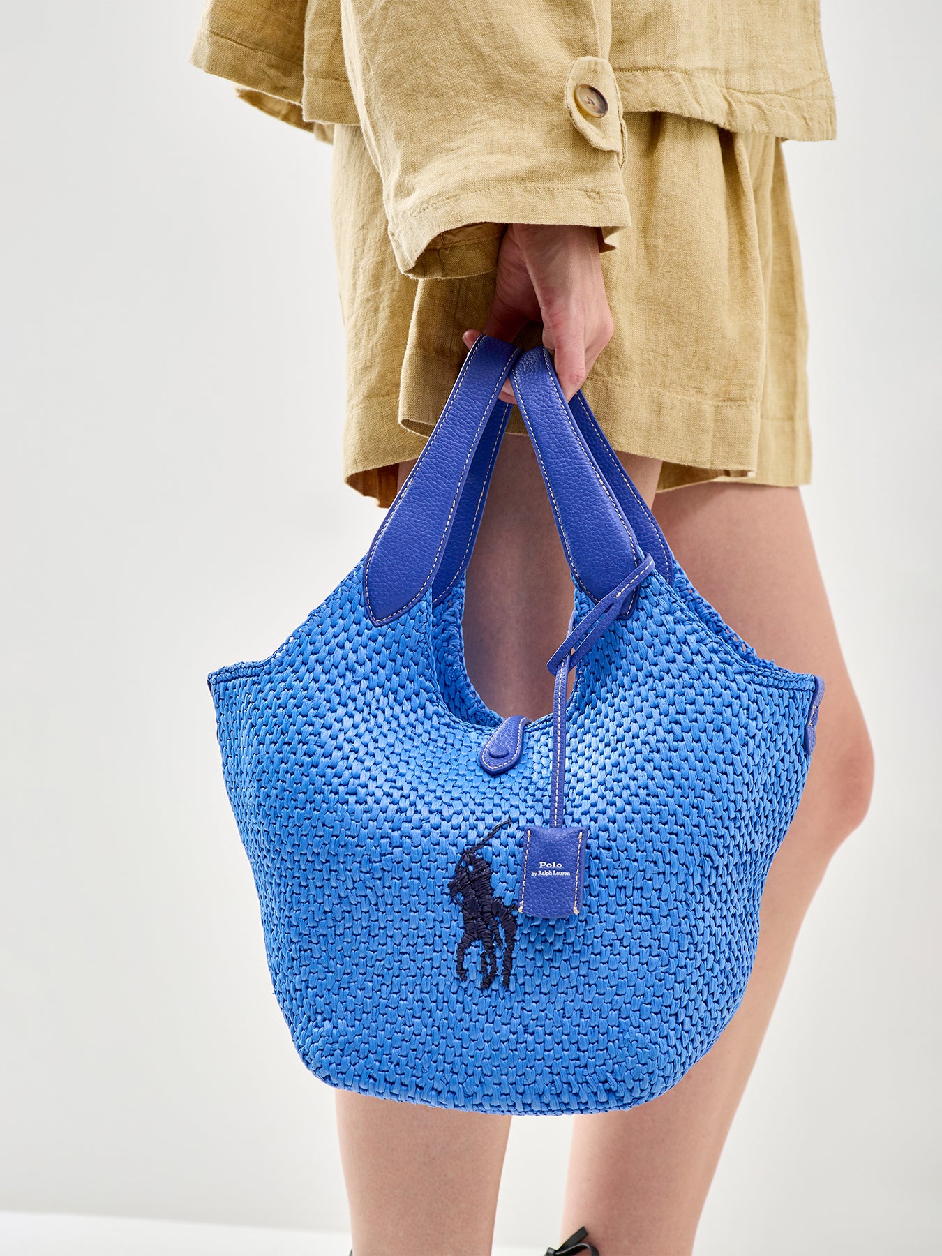 Raffia And Leather Bucket Bag Blue