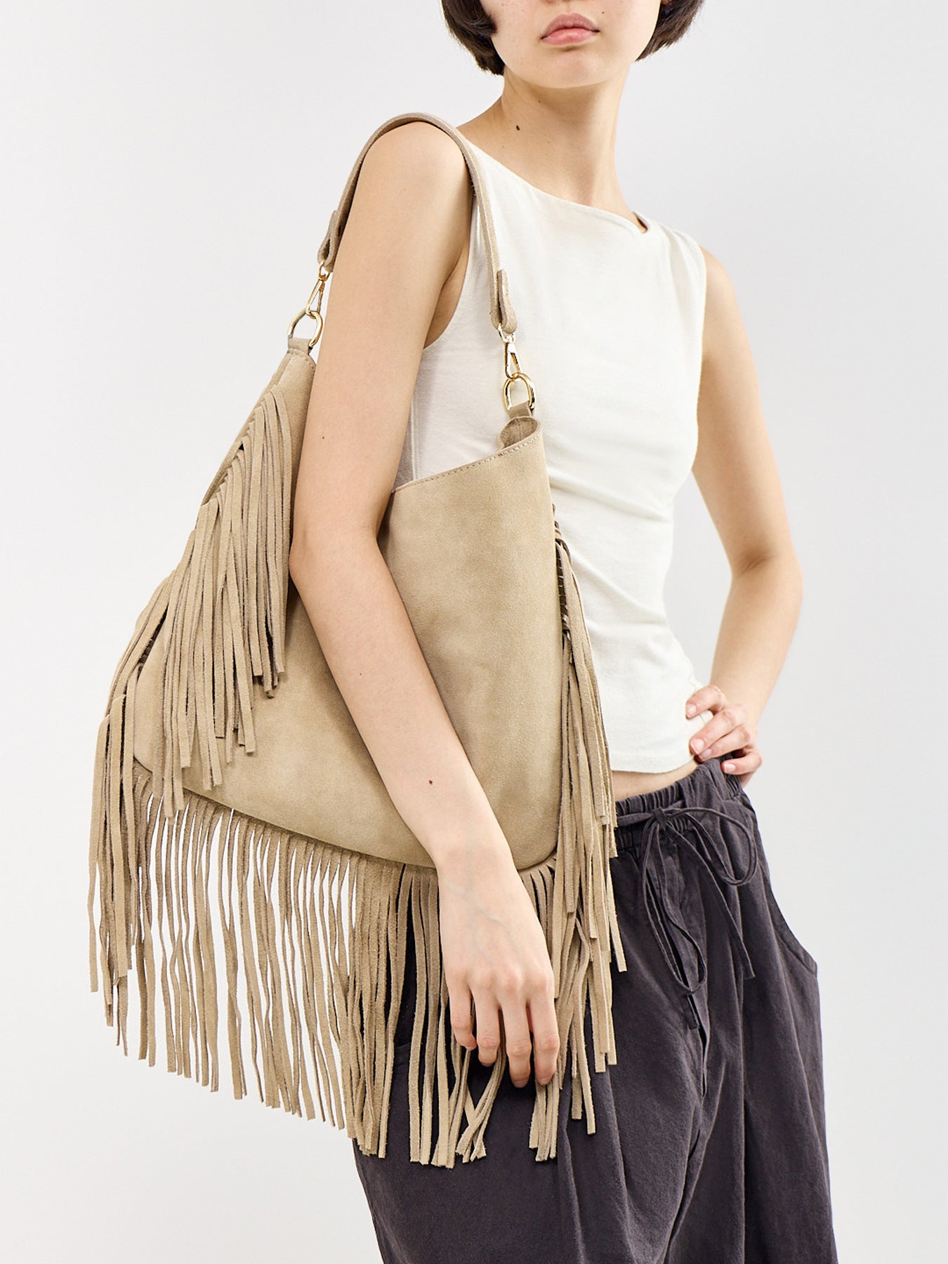 Maxi Charlize Fringe Suede Shoulder Bag Tan